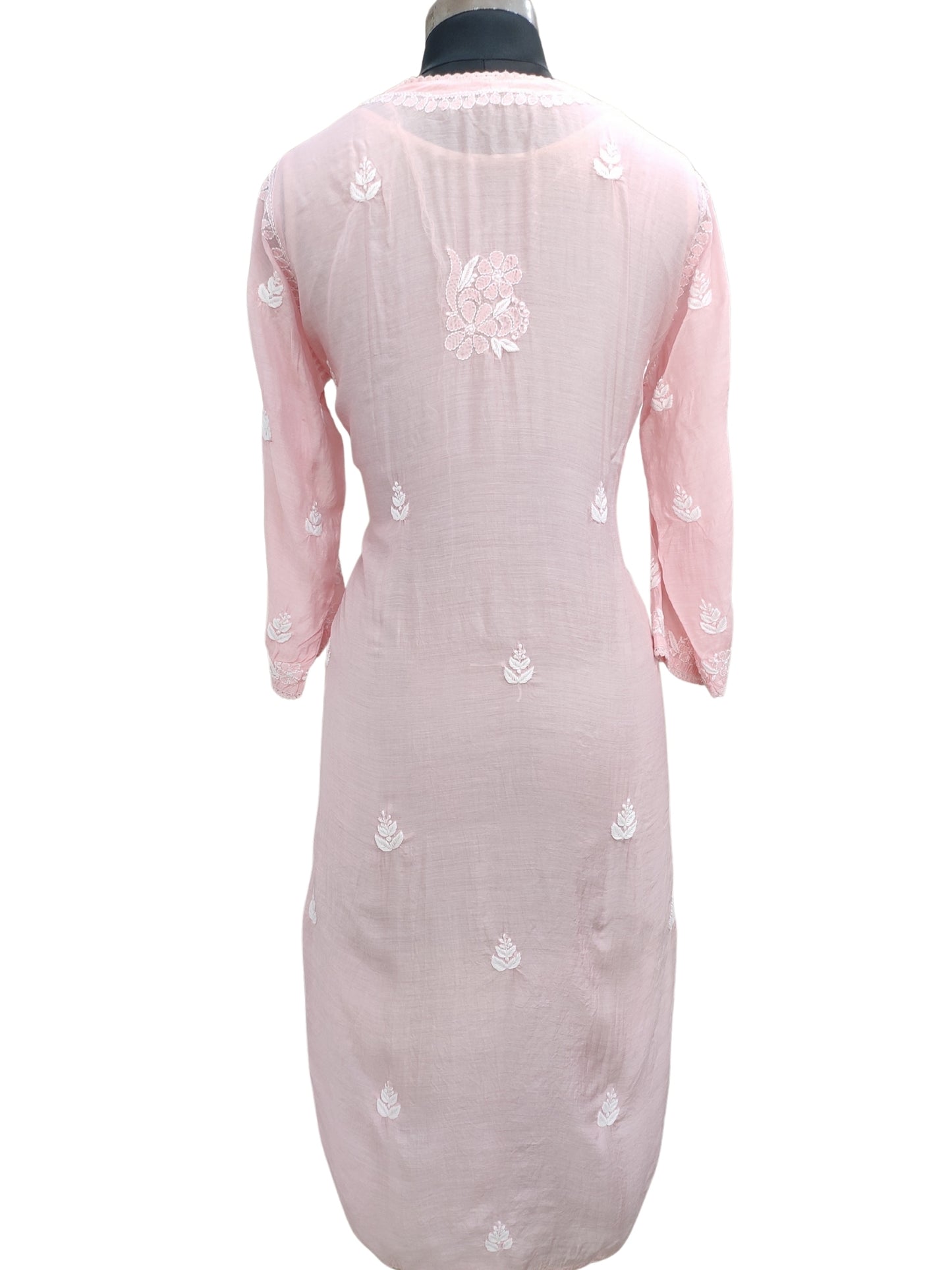 Shyamal Chikan Hand Embroidered Peach Muslin Lucknowi Chikankari Kurti - S25905
