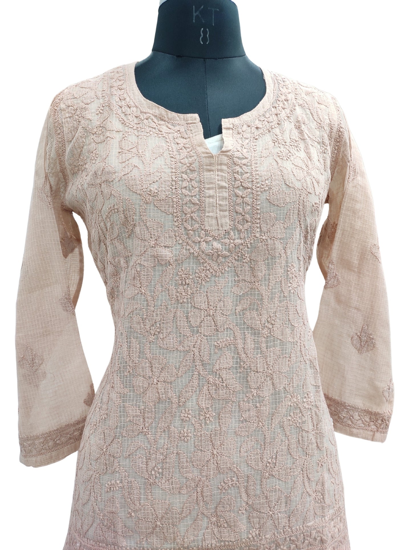 Shyamal Chikan Hand Embroidered Beige Kota Doria Lucknowi Chikankari Short Top - S26211