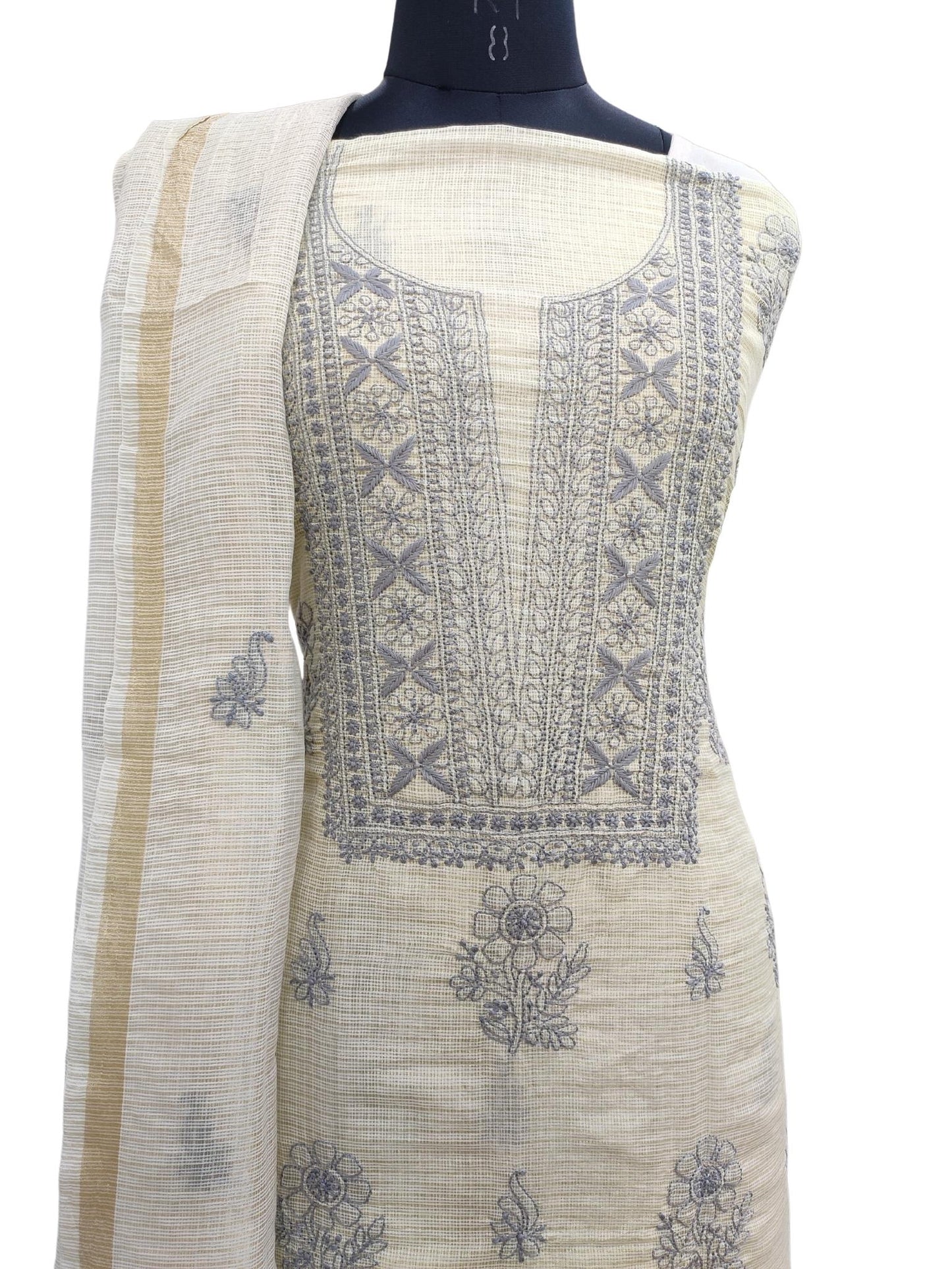 Shyamal Chikan Hand Embroidered Fawn Tissue Kota Cotton Lucknowi Chikankari Unstitched Suit Piece ( Kurta Dupatta Set ) - S20798