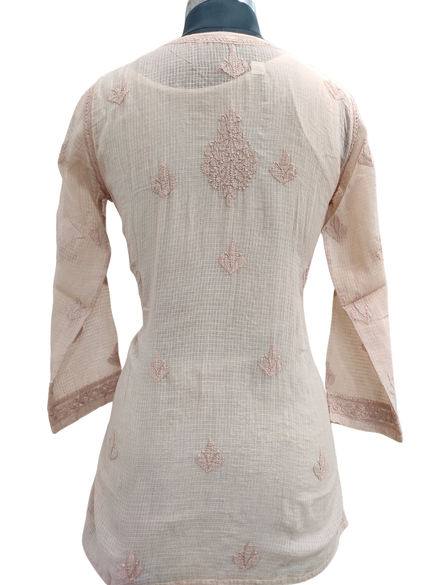 Shyamal Chikan Hand Embroidered Beige Kota Doria Lucknowi Chikankari Short Top - S26211