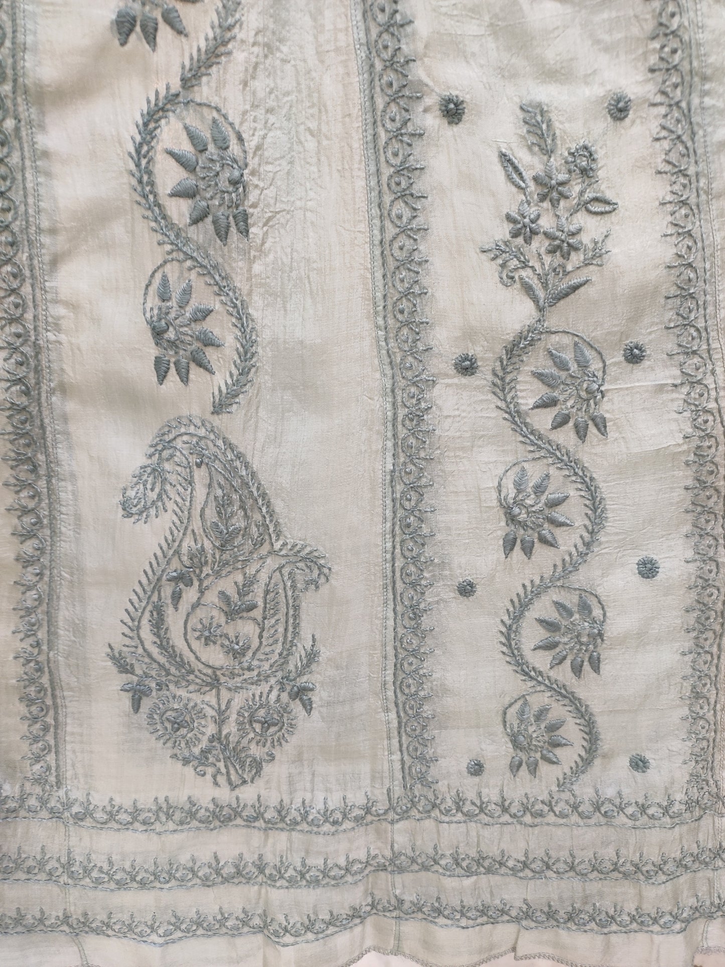 Shyamal Chikan Hand Embroidered Sea Green Pure Tusser Silk Lucknowi Chikankari Semi-Stitched Anarkali - S22883