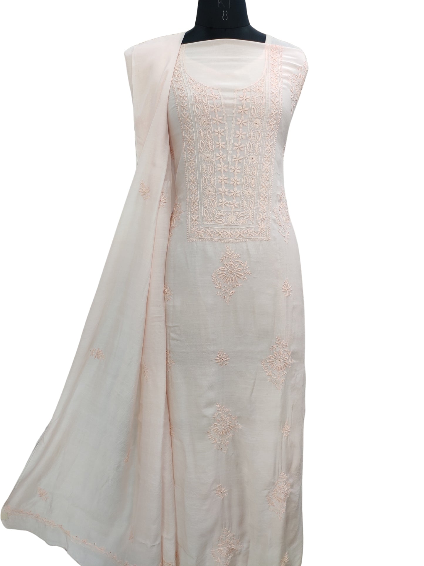 Shyamal Chikan Hand Embroidered Peach Muslin Lucknowi Chikankari Unstitched Suit Piece ( Set of 2 ) - S20060