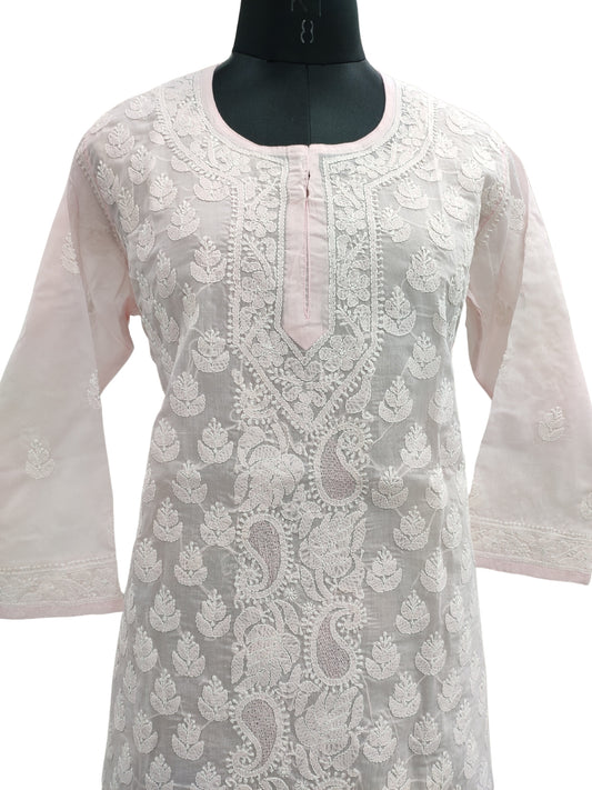 Shyamal Chikan Hand Embroidered Pink Cotton Lucknowi Chikankari Short Top With Jaali Work- S21745
