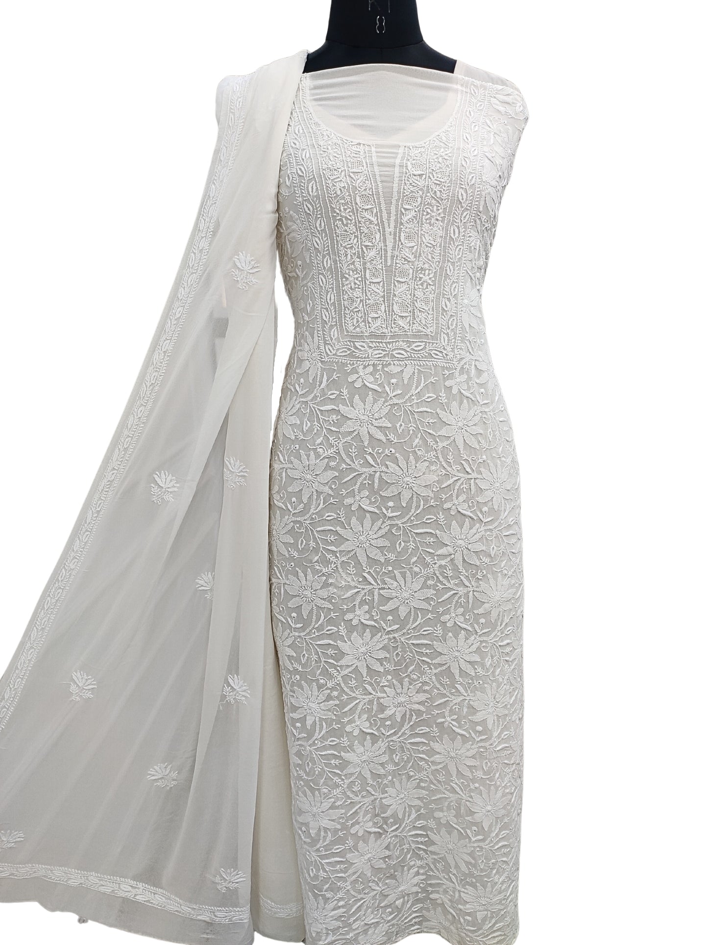 Shyamal Chikan Hand Embroidered White Pure Georgette Lucknowi Chikankari Unstitched Suit Piece - S20739