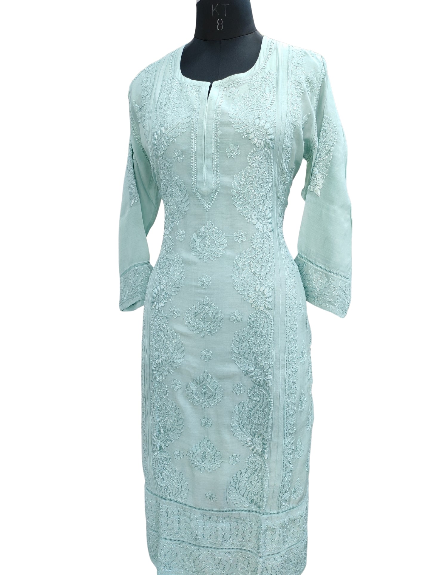 Shyamal Chikan Hand Embroidered Green Muslin Lucknowi Chikankari Kurti - S25738