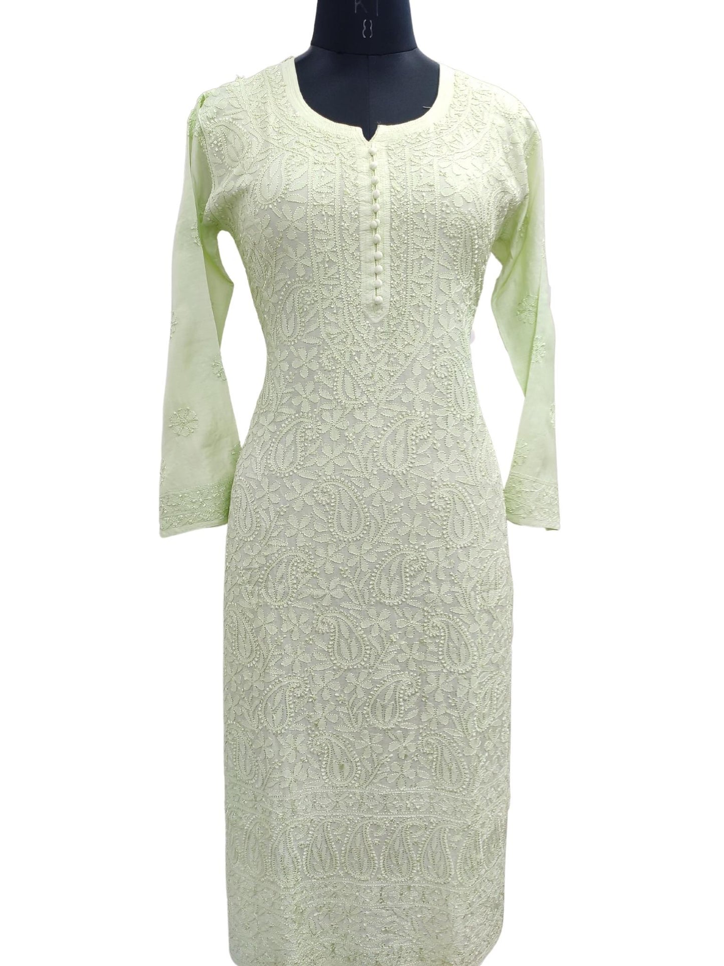 Shyamal Chikan Hand Embroidered Powder Green Muslin Lucknowi Chikankari Kurti - S20370