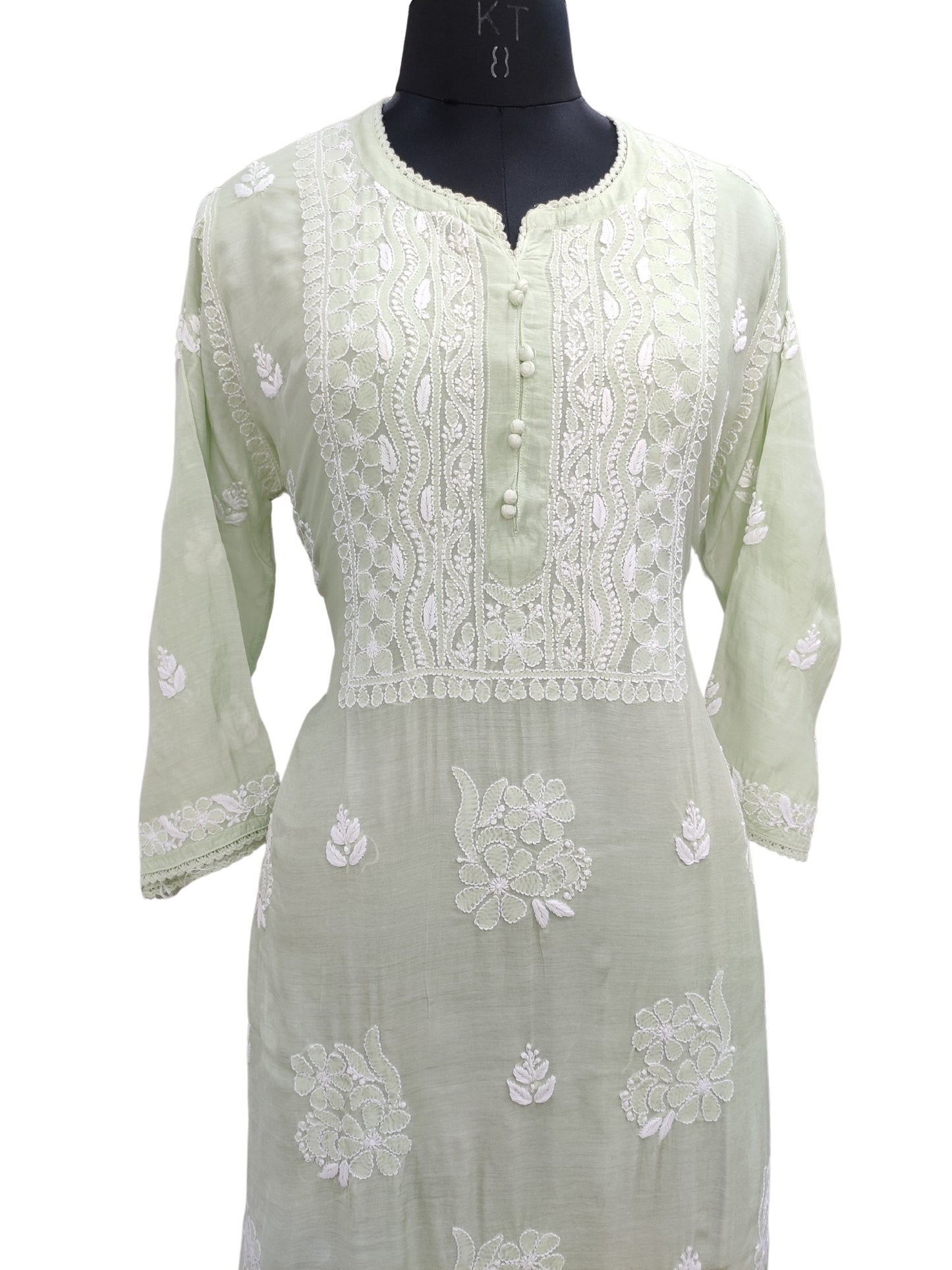 Shyamal Chikan Hand Embroidered Green Muslin Lucknowi Chikankari Kurti - S25915