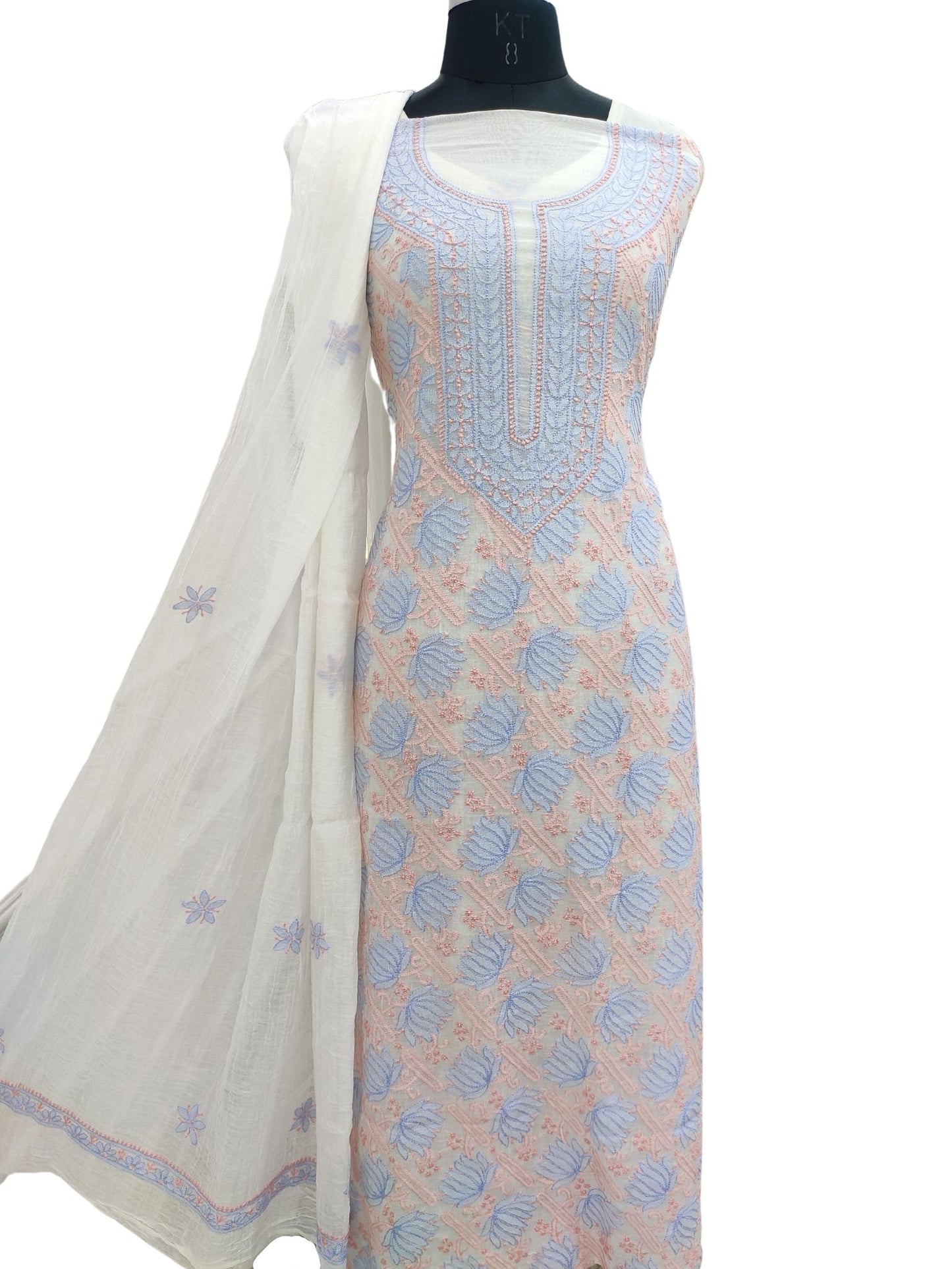 Shyamal Chikan Hand Embroidered White Mul Chanderi Lucknowi Chikankari Unstitched Suit Piece (Set of 2) - S20894