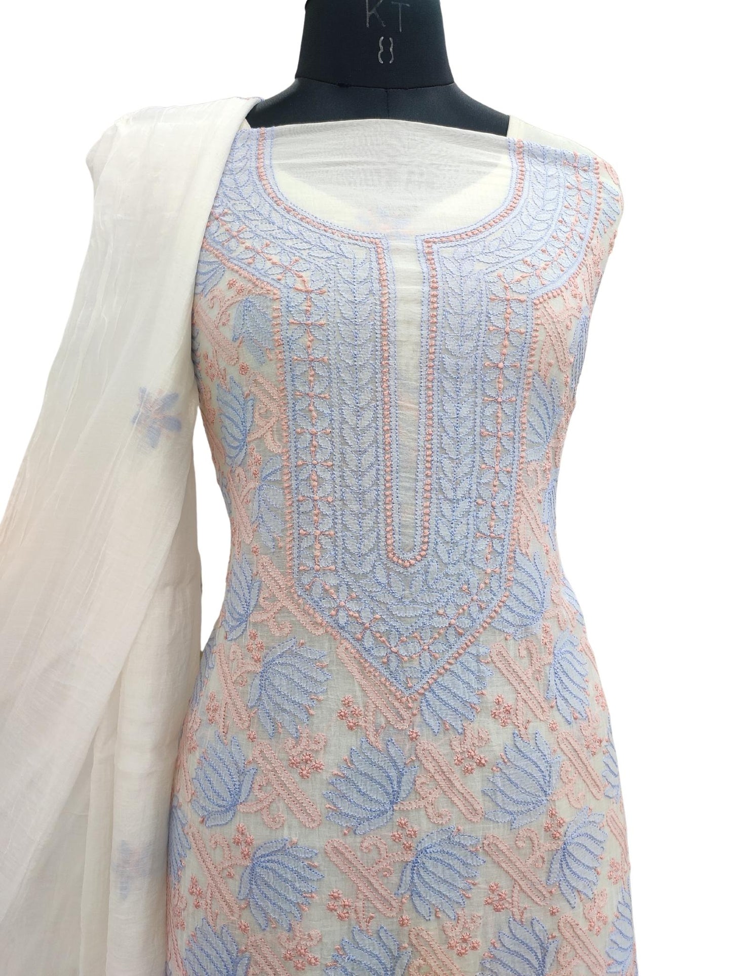 Shyamal Chikan Hand Embroidered White Mul Chanderi Lucknowi Chikankari Unstitched Suit Piece (Kurta Dupatta Set) - S20894