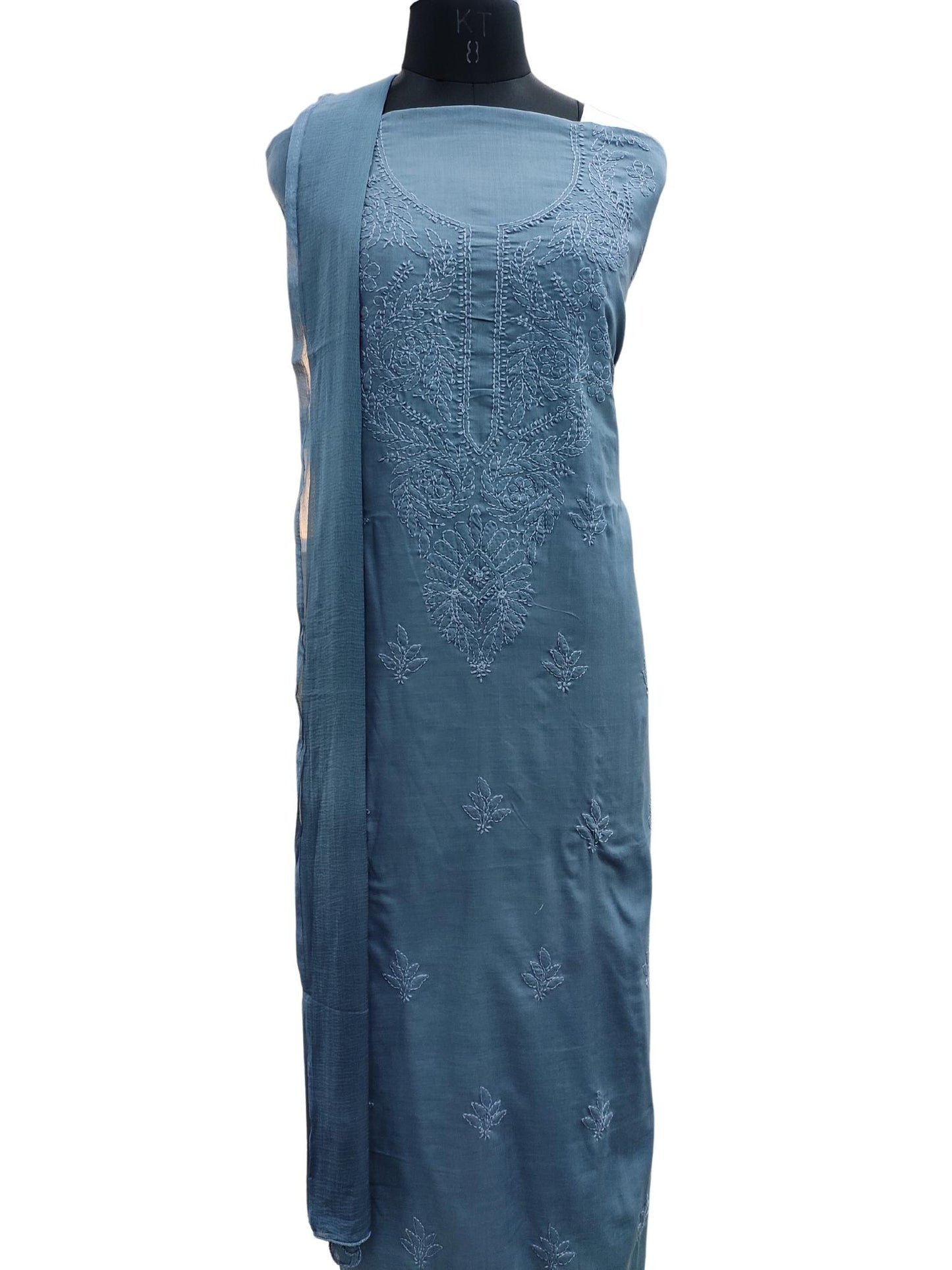 Shyamal Chikan Hand Embroidered Grey Cotton Lucknowi Chikankari Unstitched Suit Piece - S18514