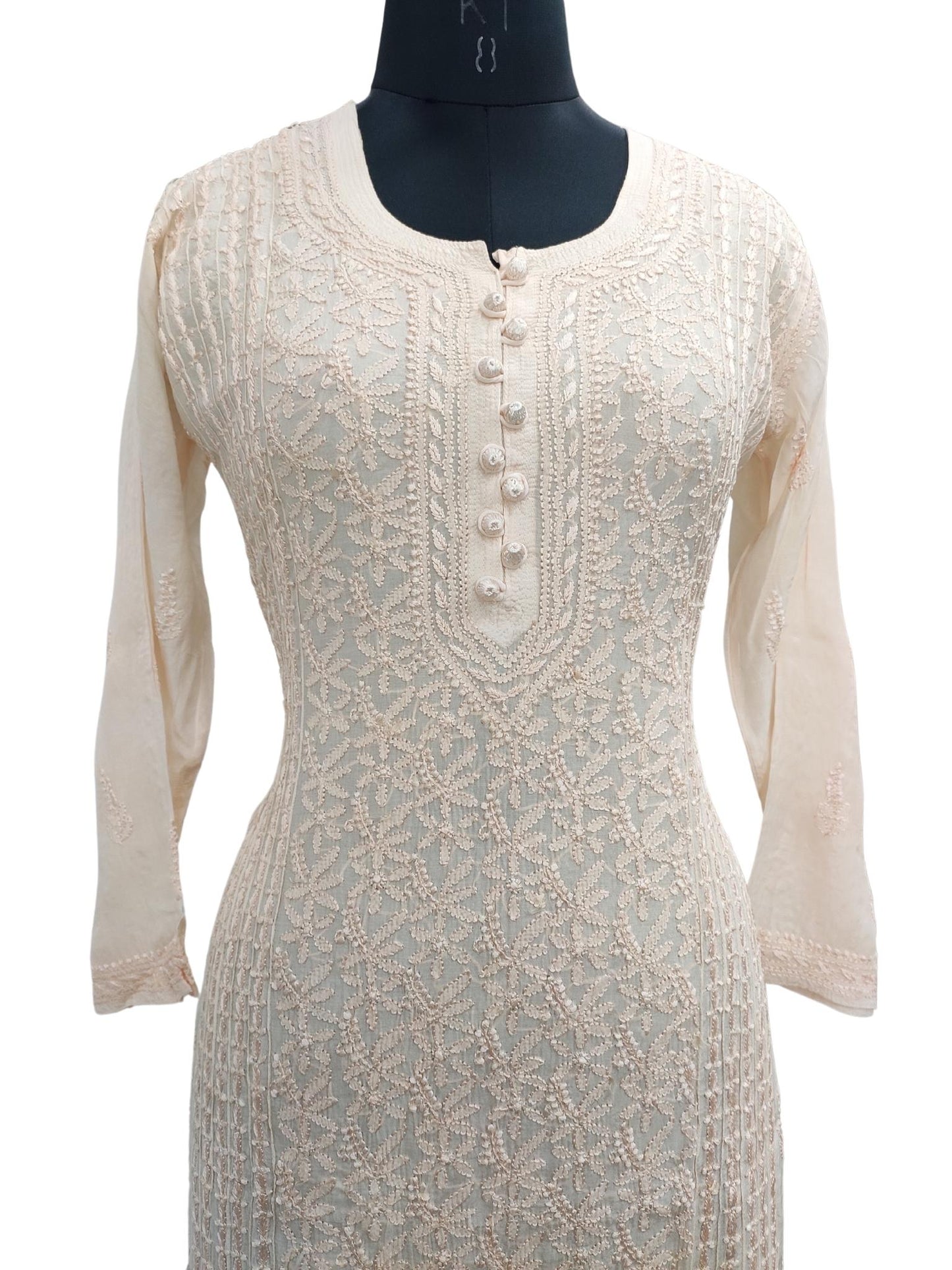 Shyamal Chikan Hand Embroidered Peach Muslin Lucknowi Chikankari Kurti - S20367
