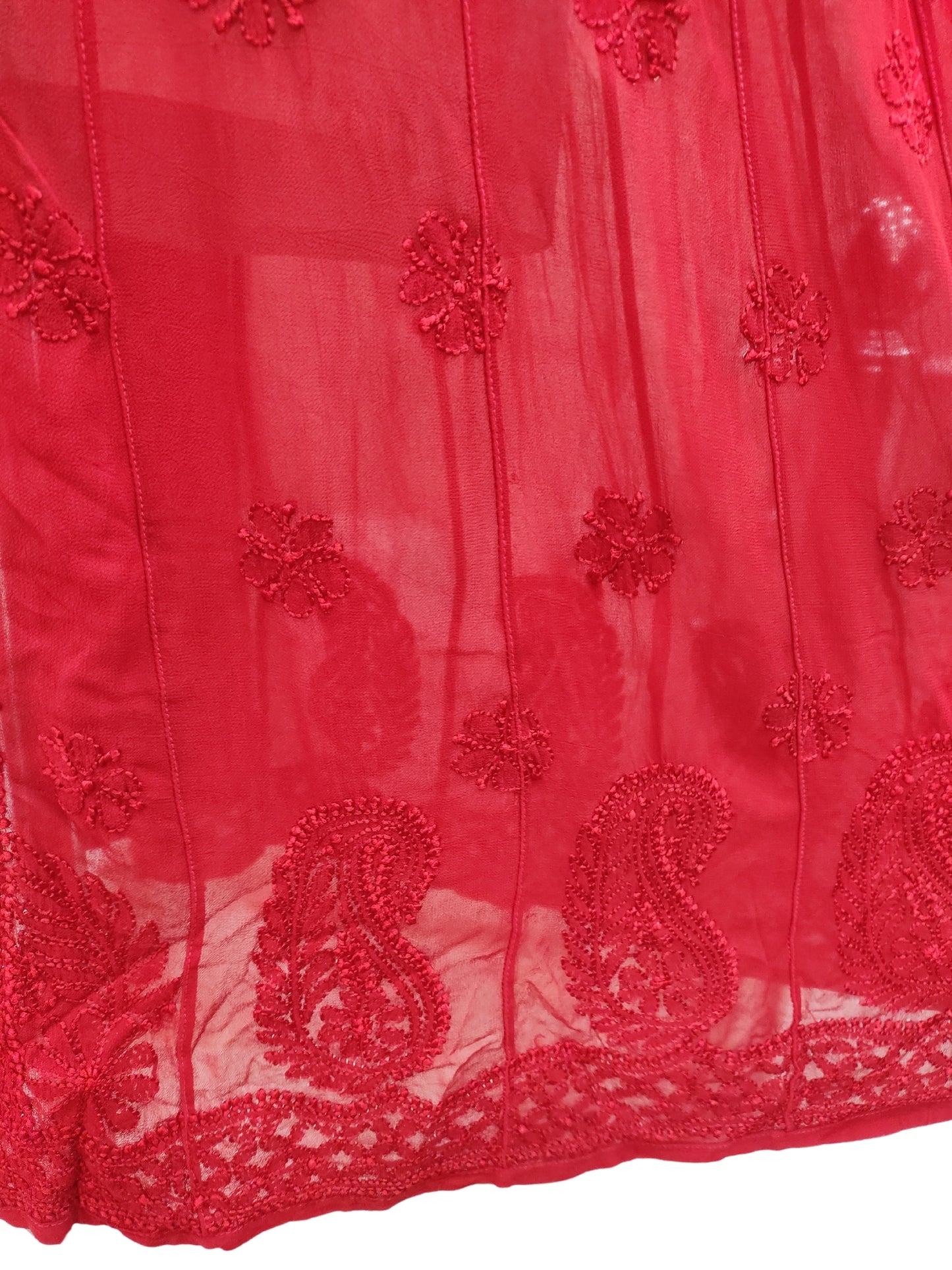 Shyamal Chikan Hand Embroidered Red Viscose Georgette Lucknowi Chikankari Anarkali - S22009
