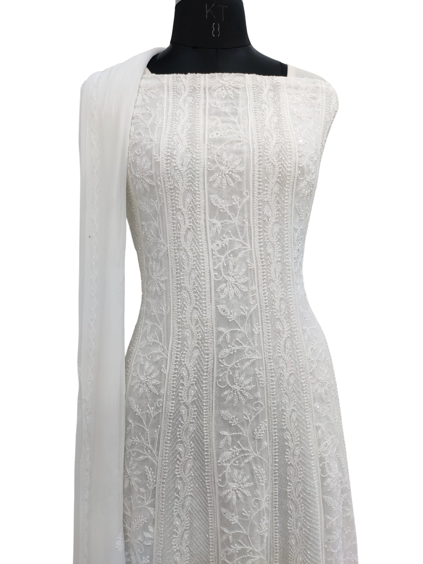 Shyamal Chikan Hand Embroidered White Viscose Georgette Lucknowi Chikankari Unstitched Anarkali Kurta Dupatta Set With Pearl And Cutdana, Sequine Work - S26761