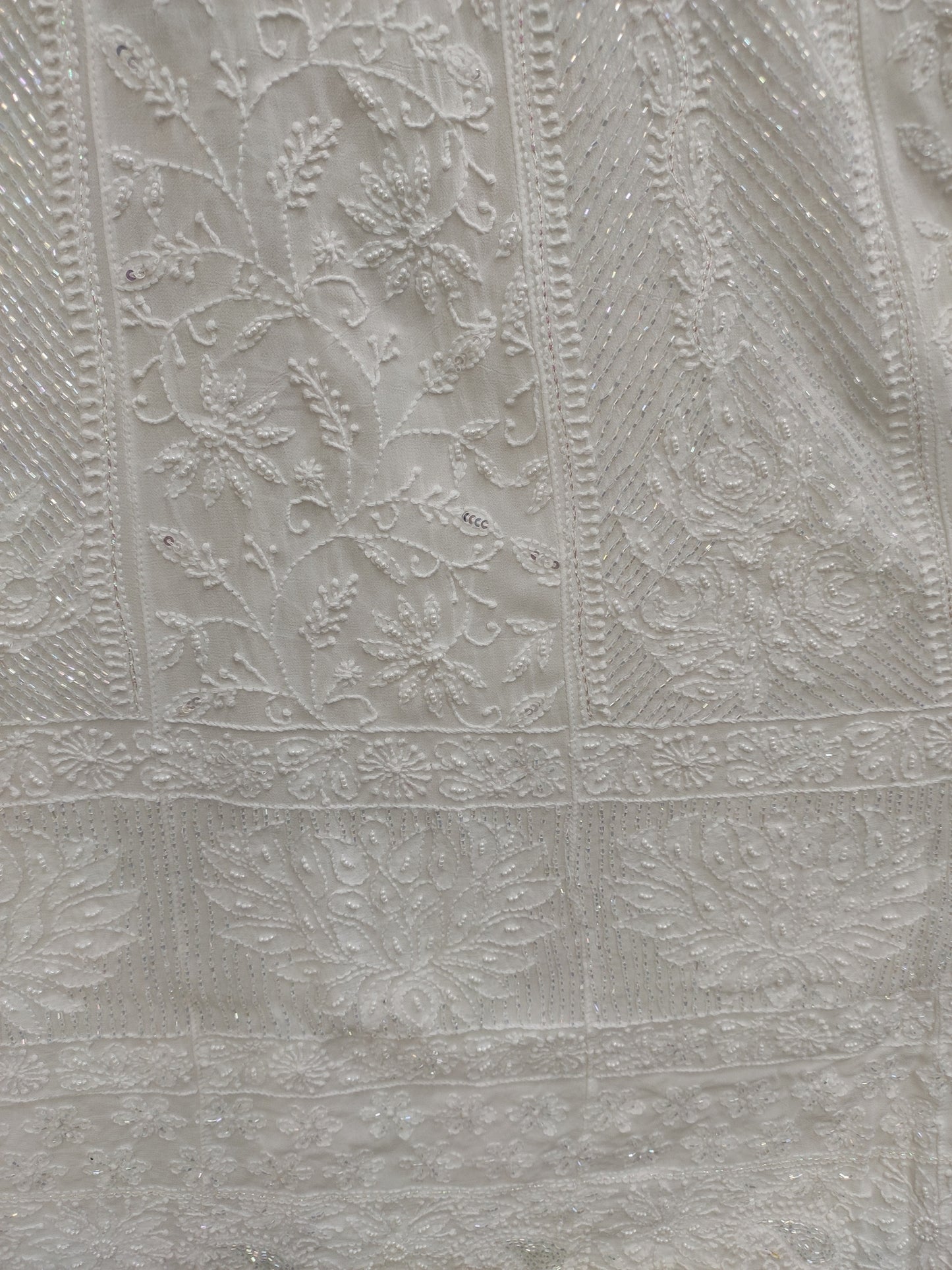 Shyamal Chikan Hand Embroidered White Viscose Georgette Lucknowi Chikankari Unstitched Anarkali Kurta Dupatta Set With Pearl And Cutdana, Sequine Work - S26761