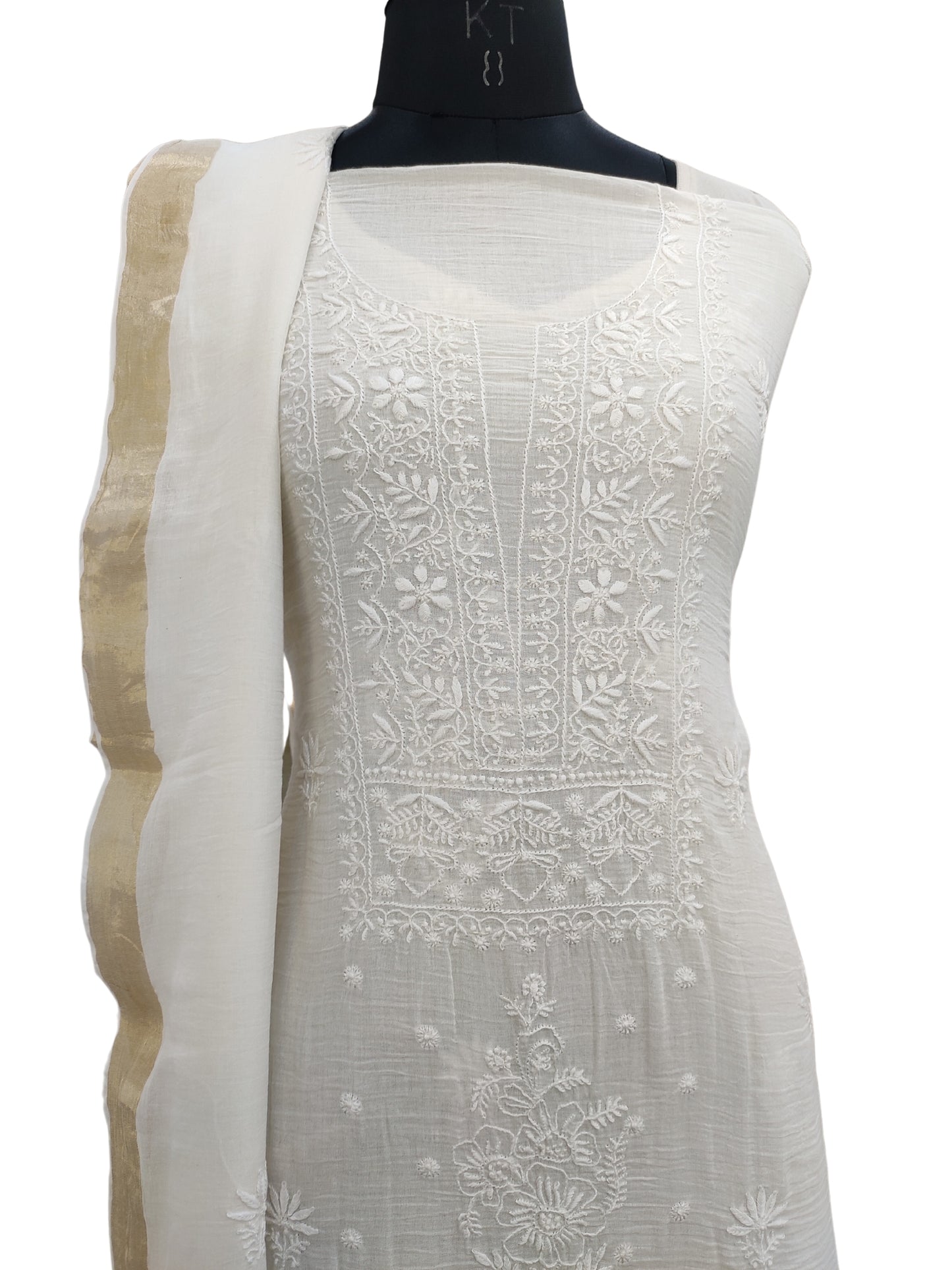Shyamal Chikan Hand Embroidered White Mangalgiri Cotton Lucknowi Chikankari Unstitched Suit Piece ( Kurta Dupatta Set ) - S20708