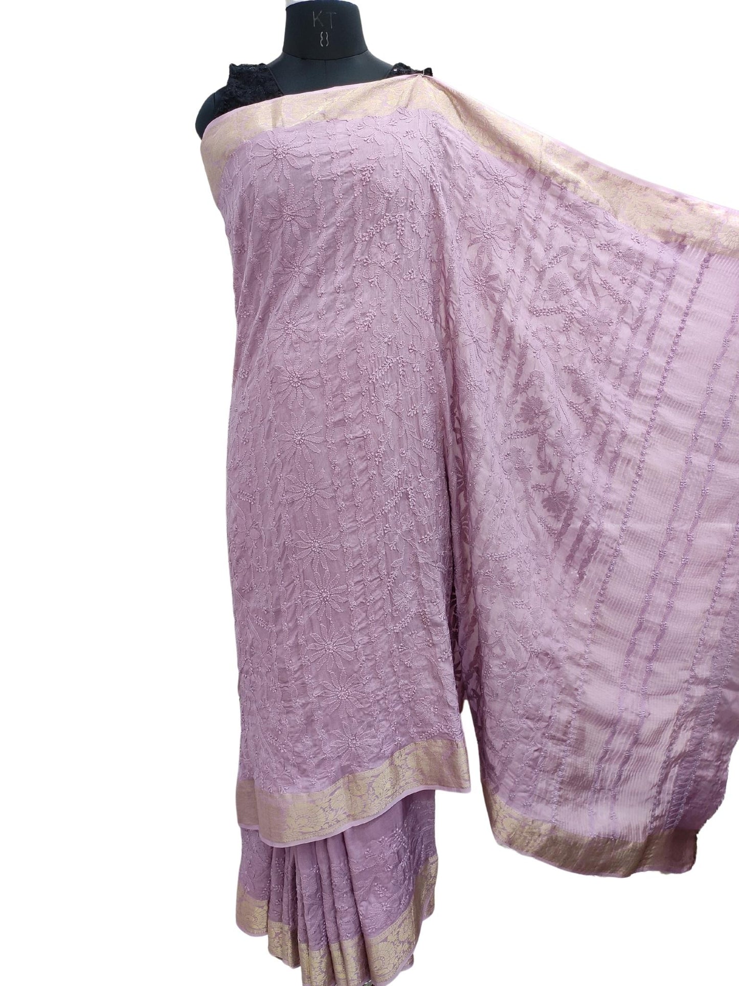 Shyamal Chikan Hand Embroidered Purple Pure Muslin Lucknowi Chikankari Saree With Blouse Piece- S20824