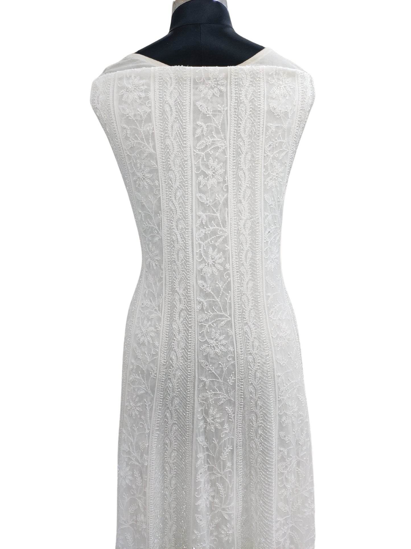 Shyamal Chikan Hand Embroidered White Viscose Georgette Lucknowi Chikankari Unstitched Anarkali Kurta Dupatta Set With Pearl And Cutdana, Sequine Work - S26761
