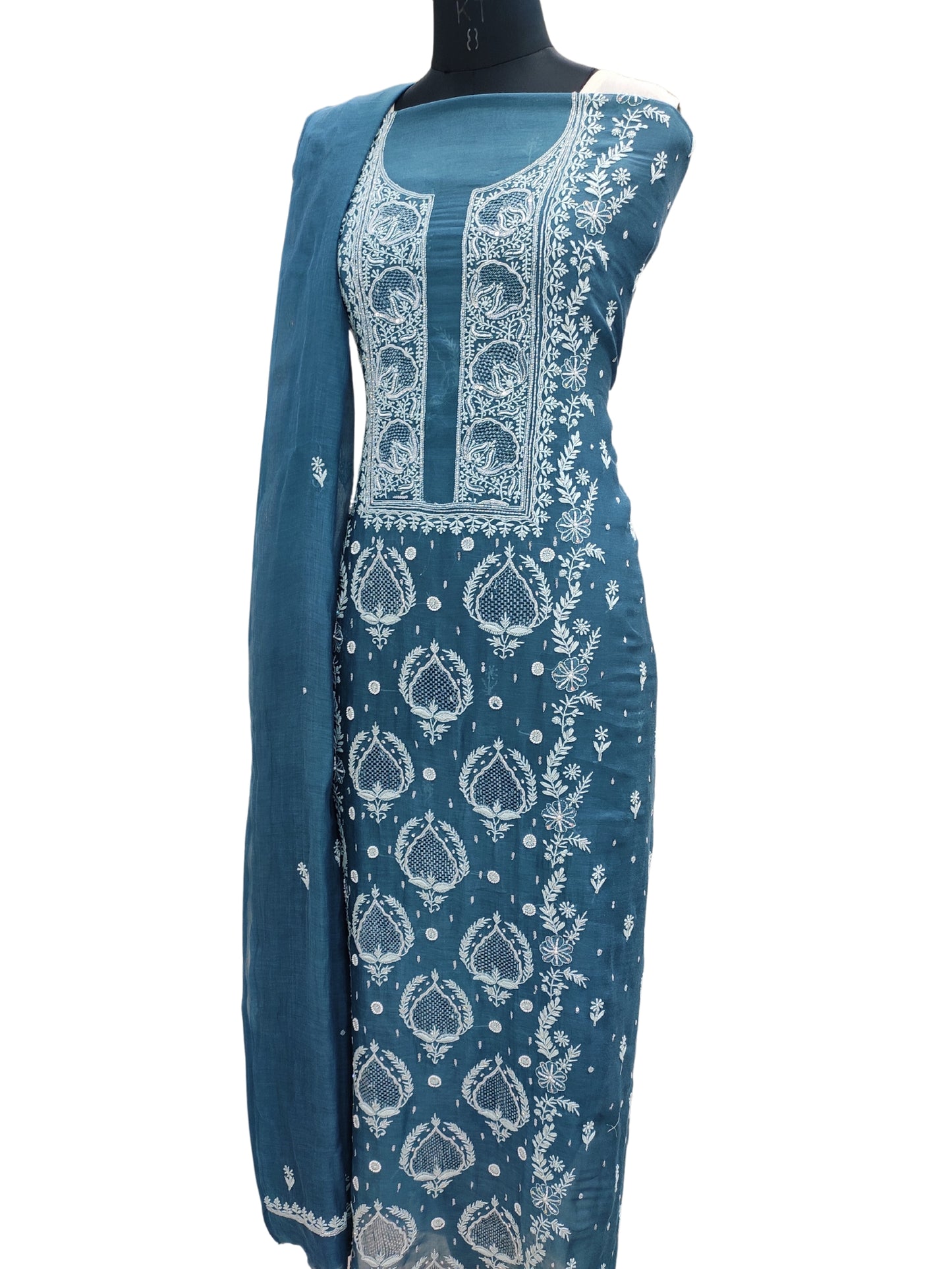 Shyamal Chikan Hand Embroidered Peacock Blue Mul Chanderi Lucknowi Chikankari Unstitched Suit Piece with Pearl & Sequin Work (Kurta Dupatta Set) - S20295