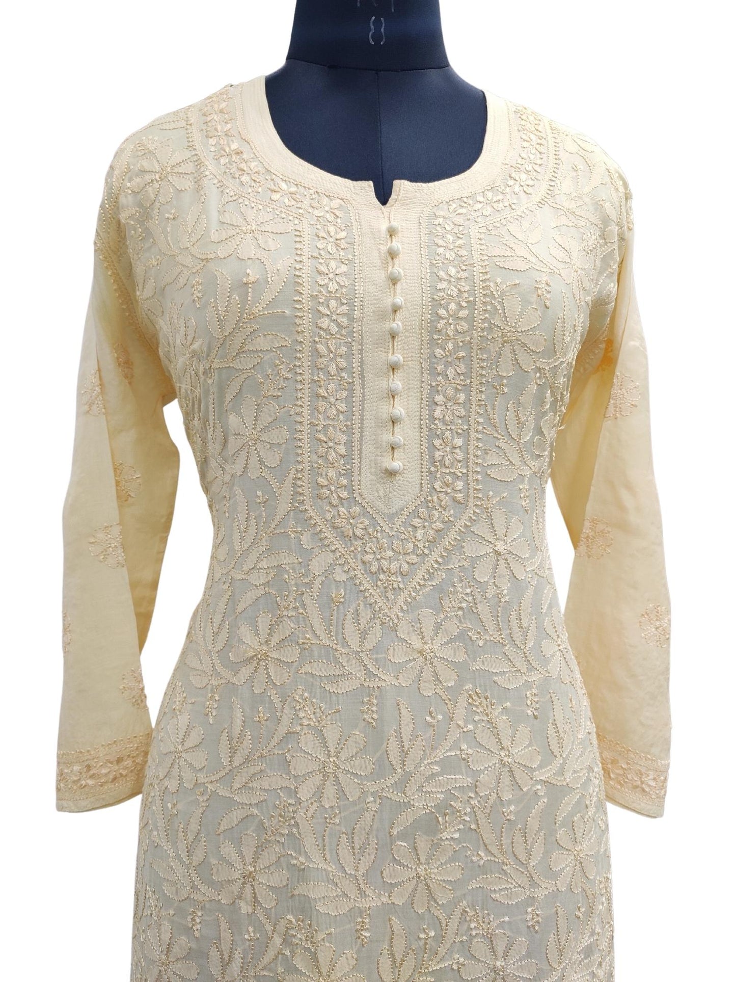 Shyamal Chikan Hand Embroidered Yellow Muslin Lucknowi Chikankari Kurti - S20369