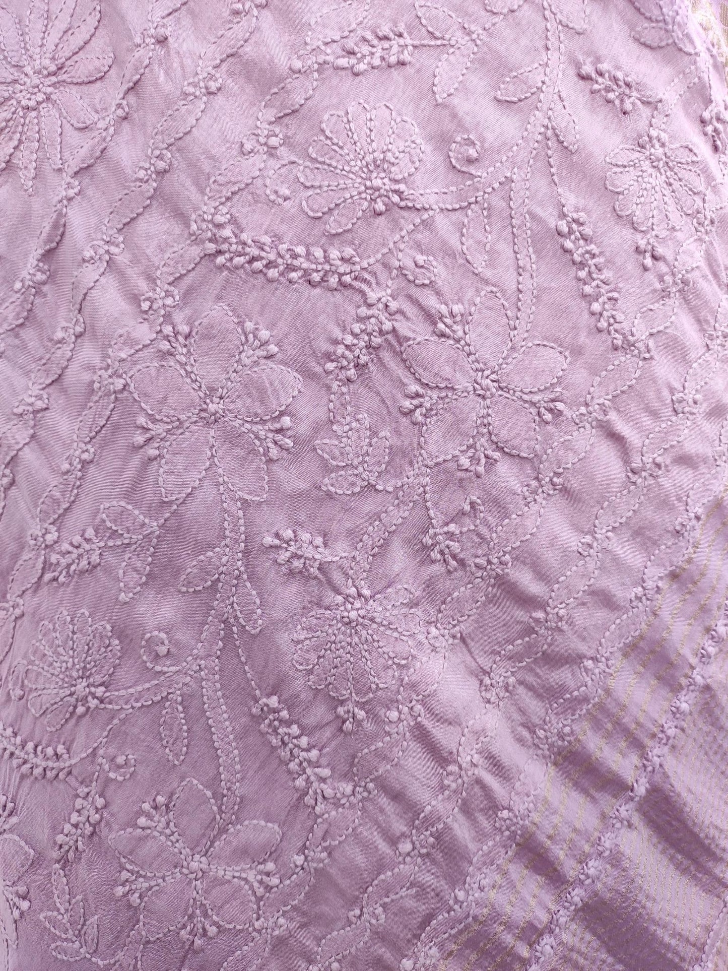 Shyamal Chikan Hand Embroidered Purple Pure Muslin Lucknowi Chikankari Saree With Blouse Piece- S20824