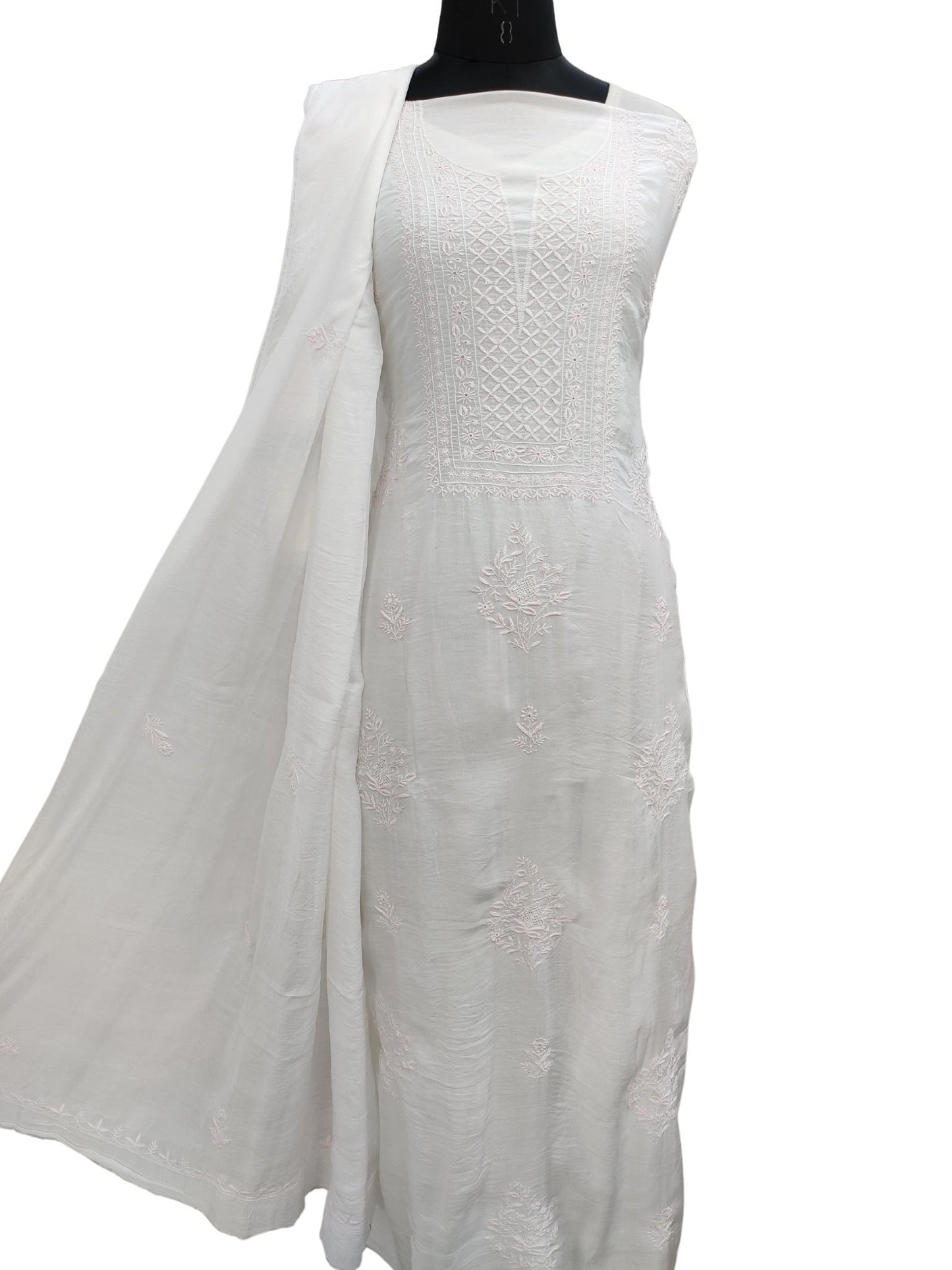 Shyamal Chikan Hand Embroidered Pink Muslin Lucknowi Chikankari Unstitched Suit Piece ( Set of 2 ) - S20064