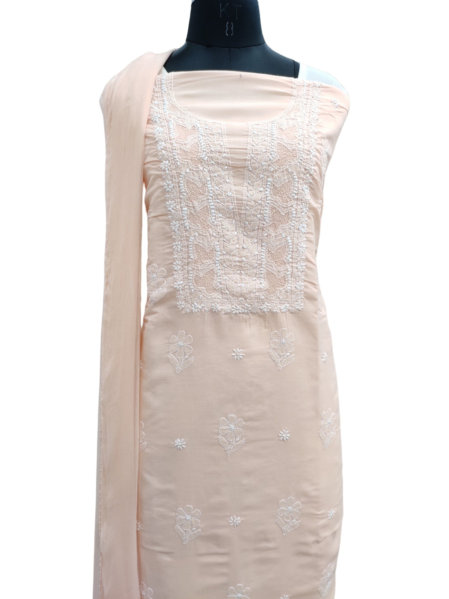 Shyamal Chikan Hand Embroidered Peach Cotton Lucknowi Chikankari Unstitched Suit Piece - S26692