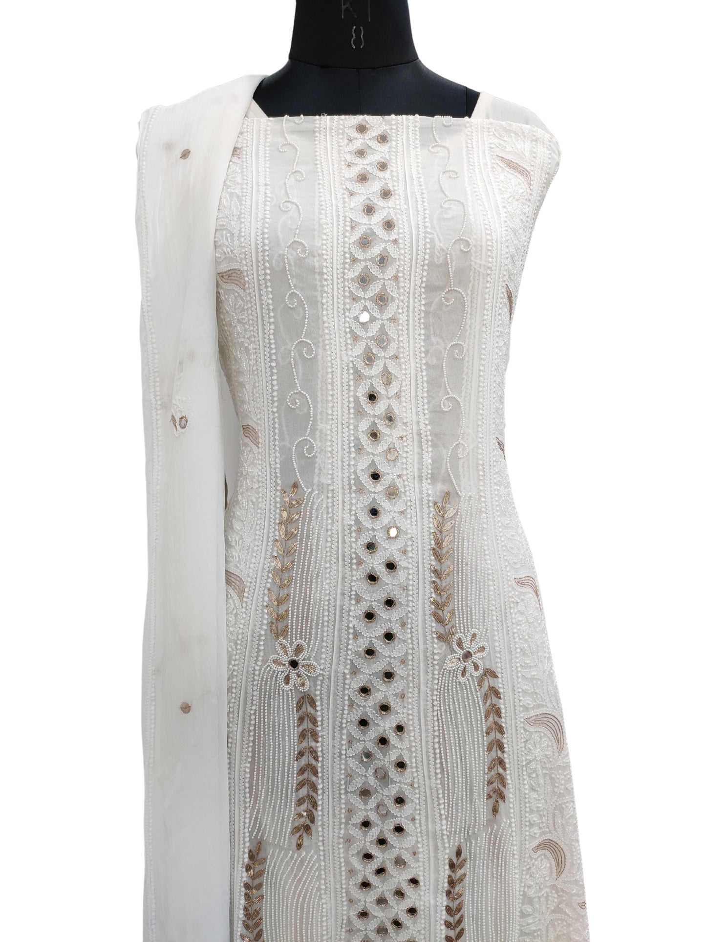 Shyamal Chikan Hand Embroidered White HQ Viscose Georgette Lucknowi Chikankari Unstitched Anarkali (Kurta Dupatta Set) With Gotta Patti and Pearl Work - S26783