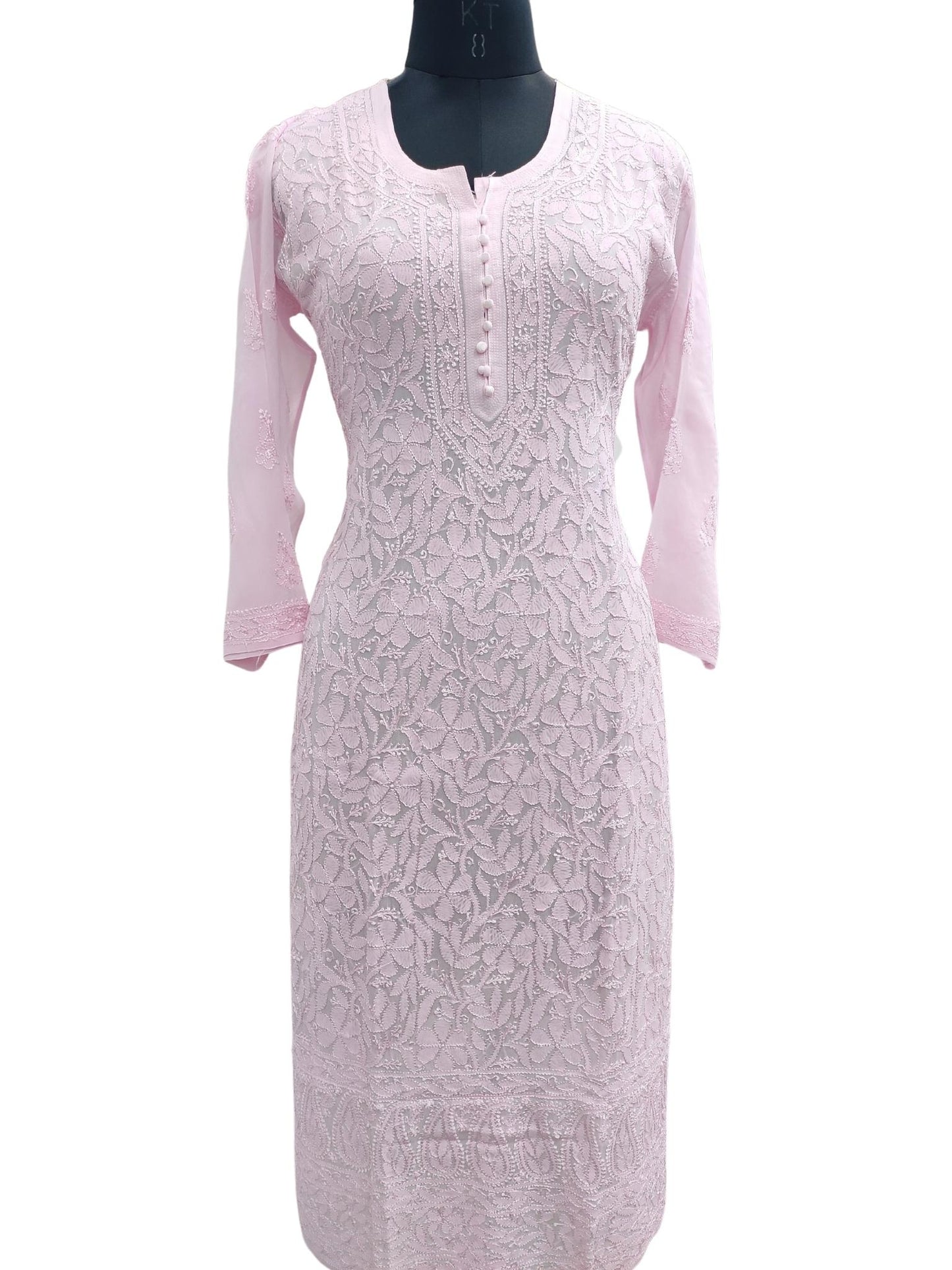 Shyamal Chikan Hand Embroidered Pink Viscose Georgette Lucknowi Chikankari Kurti - S20358