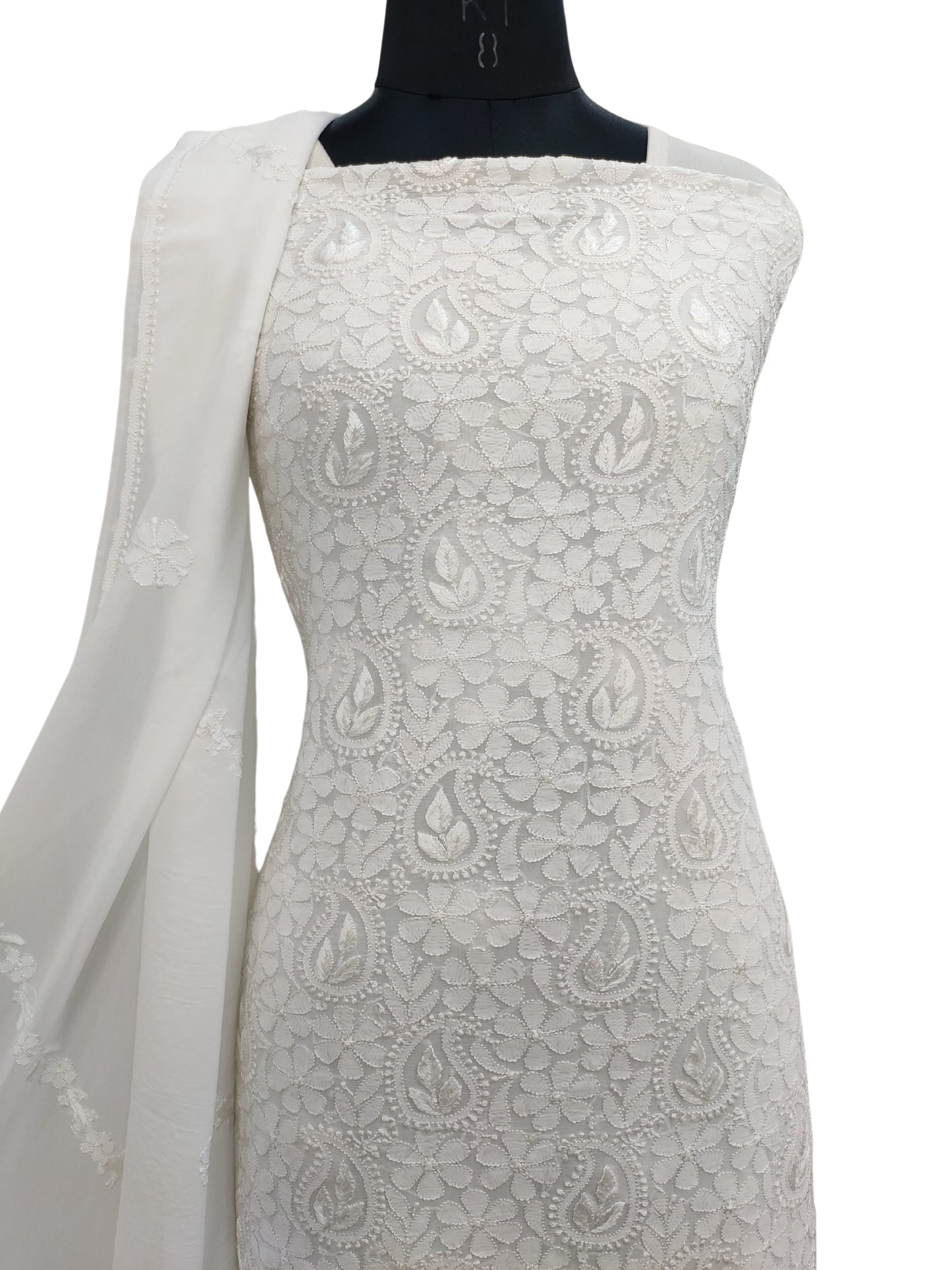 Shyamal Chikan Hand Embroidered White Viscose Georgette Lucknowi Chikankari Unstitched Suit Piece ( Kurta Dupatta Set ) - S25973