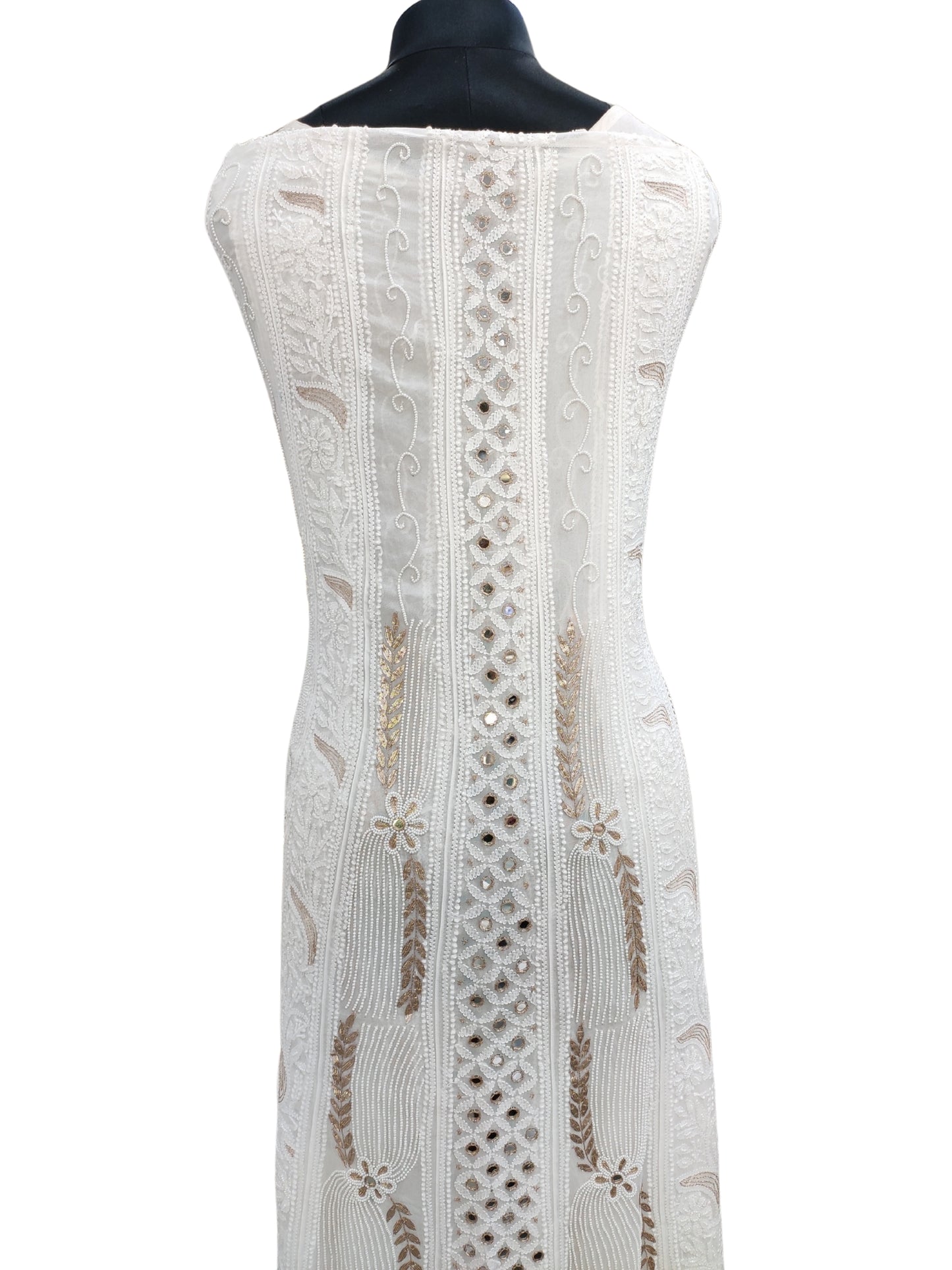 Shyamal Chikan Hand Embroidered White HQ Viscose Georgette Lucknowi Chikankari Unstitched Anarkali (Kurta Dupatta Set) With Gotta Patti and Pearl Work - S26783