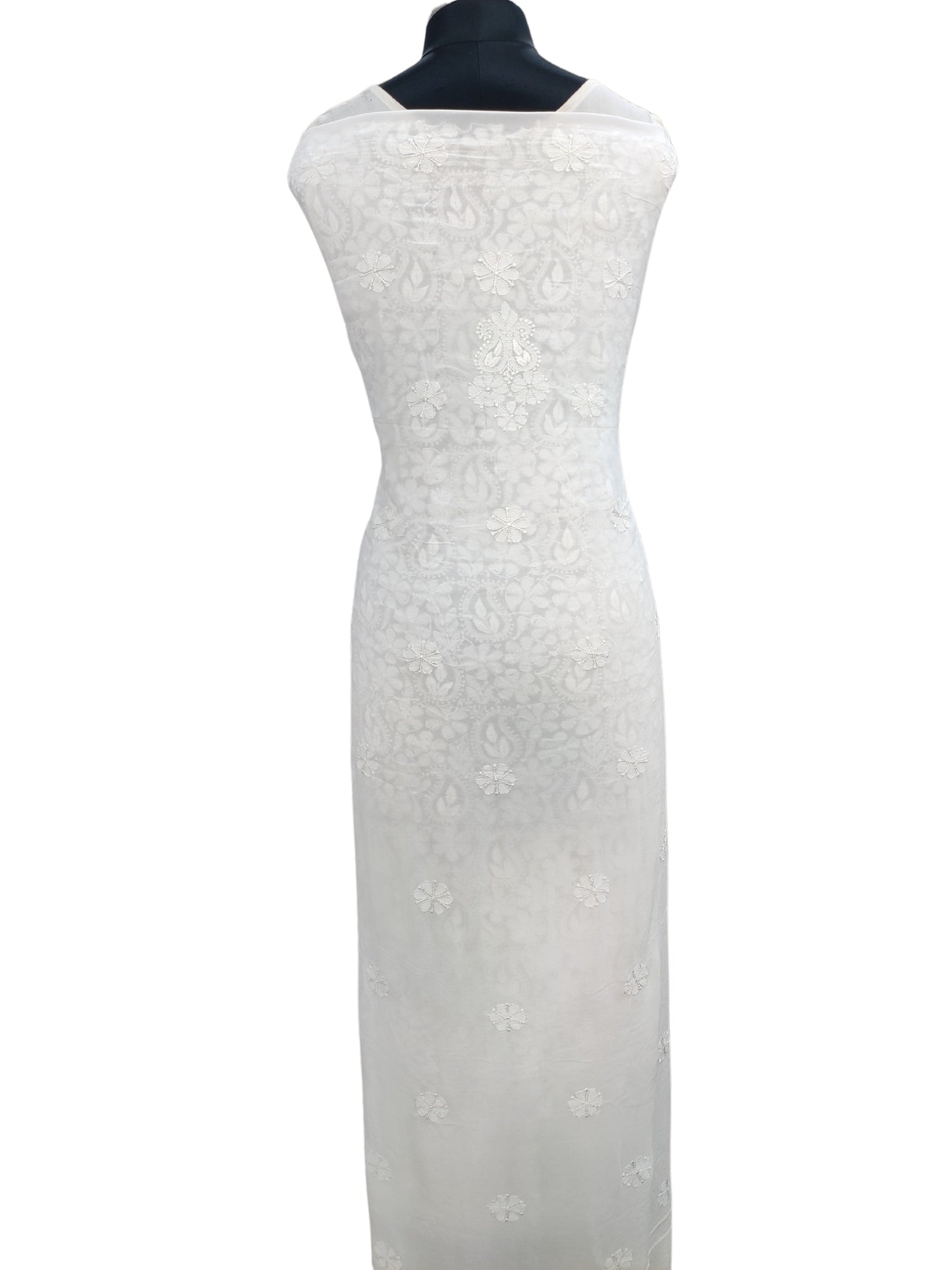 Shyamal Chikan Hand Embroidered White Viscose Georgette Lucknowi Chikankari Unstitched Suit Piece ( Kurta Dupatta Set ) - S25973