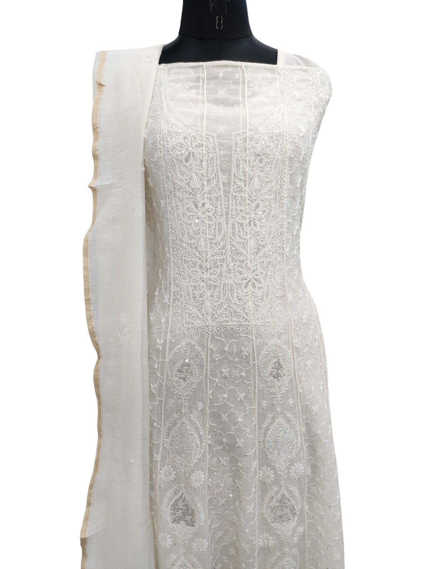 Hand Embroidered White Mul Chanderi Lucknowi Chikankari Unstitched Anarkali (Kurta Dupatta Set) With Pearl Cutdana & Sequin Work- S26933