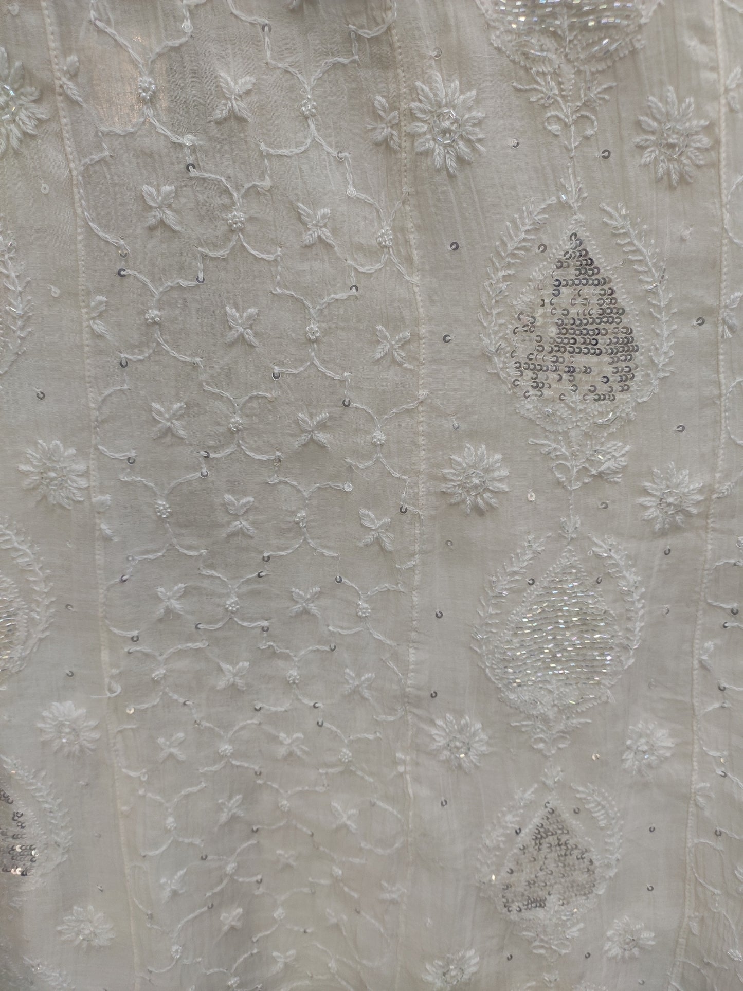 Hand Embroidered White Mul Chanderi Lucknowi Chikankari Unstitched Anarkali (Kurta Dupatta Set) With Pearl Cutdana & Sequin Work- S26933