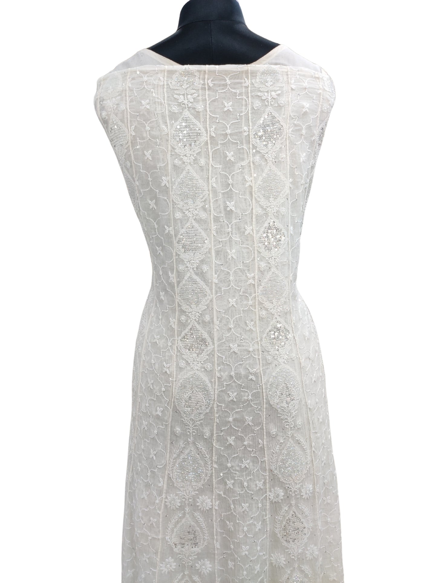 Hand Embroidered White Mul Chanderi Lucknowi Chikankari Unstitched Anarkali (Kurta Dupatta Set) With Pearl Cutdana & Sequin Work- S26933