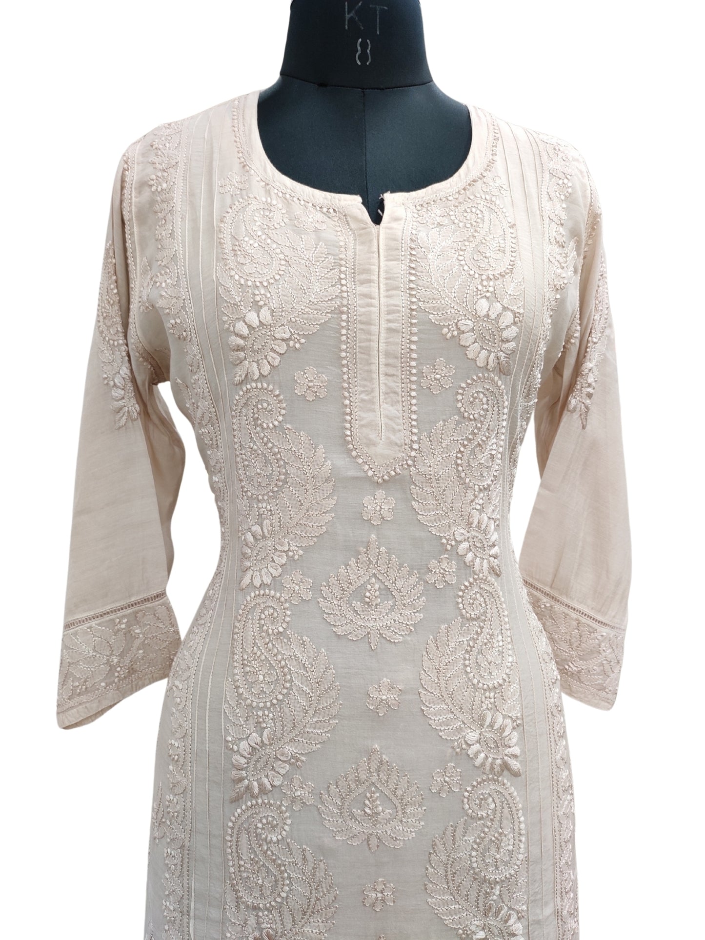 Shyamal Chikan Hand Embroidered Beige Muslin Lucknowi Chikankari Kurti - S25734