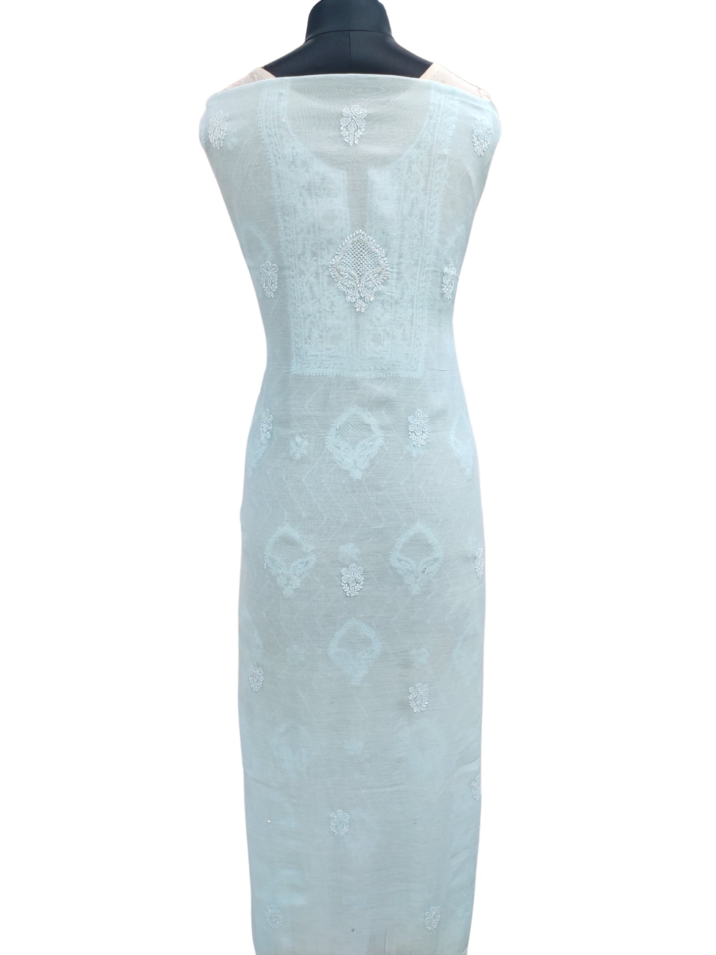 Shyamal Chikan Hand Embroidered Blue Mul Chanderi Lucknowi Chikankari Unstitched Suit Piece with Pearl & Sequin Work (Kurta Dupatta Set) - S20716