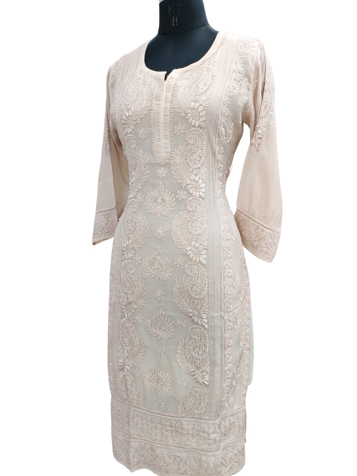 Shyamal Chikan Hand Embroidered Beige Muslin Lucknowi Chikankari Kurti - S25734