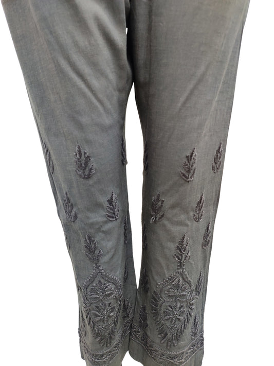 Shyamal Chikan Hand Embroidered Grey Lycra Cotton Lucknowi Chikankari Women's Pant – S12733