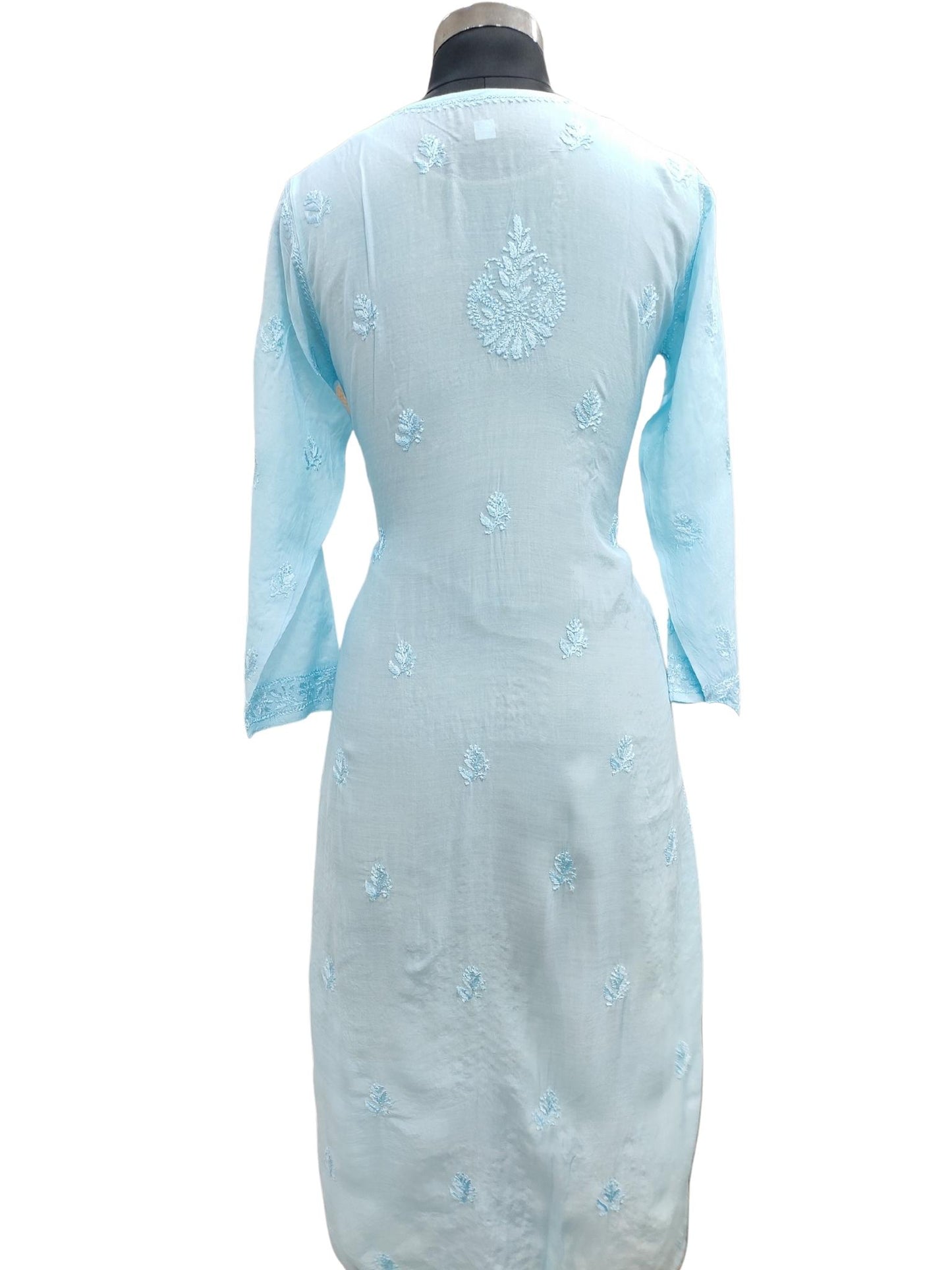 Shyamal Chikan Hand Embroidered Blue Muslin Lucknowi Chikankari Kurti - S20371