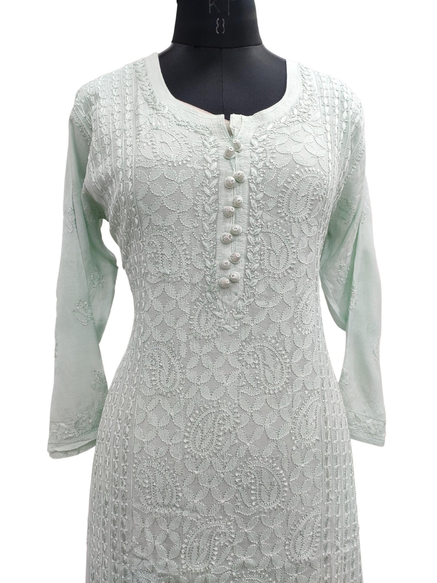 Shyamal Chikan Hand Embroidered Green Muslin Lucknowi Chikankari Kurti - S20374