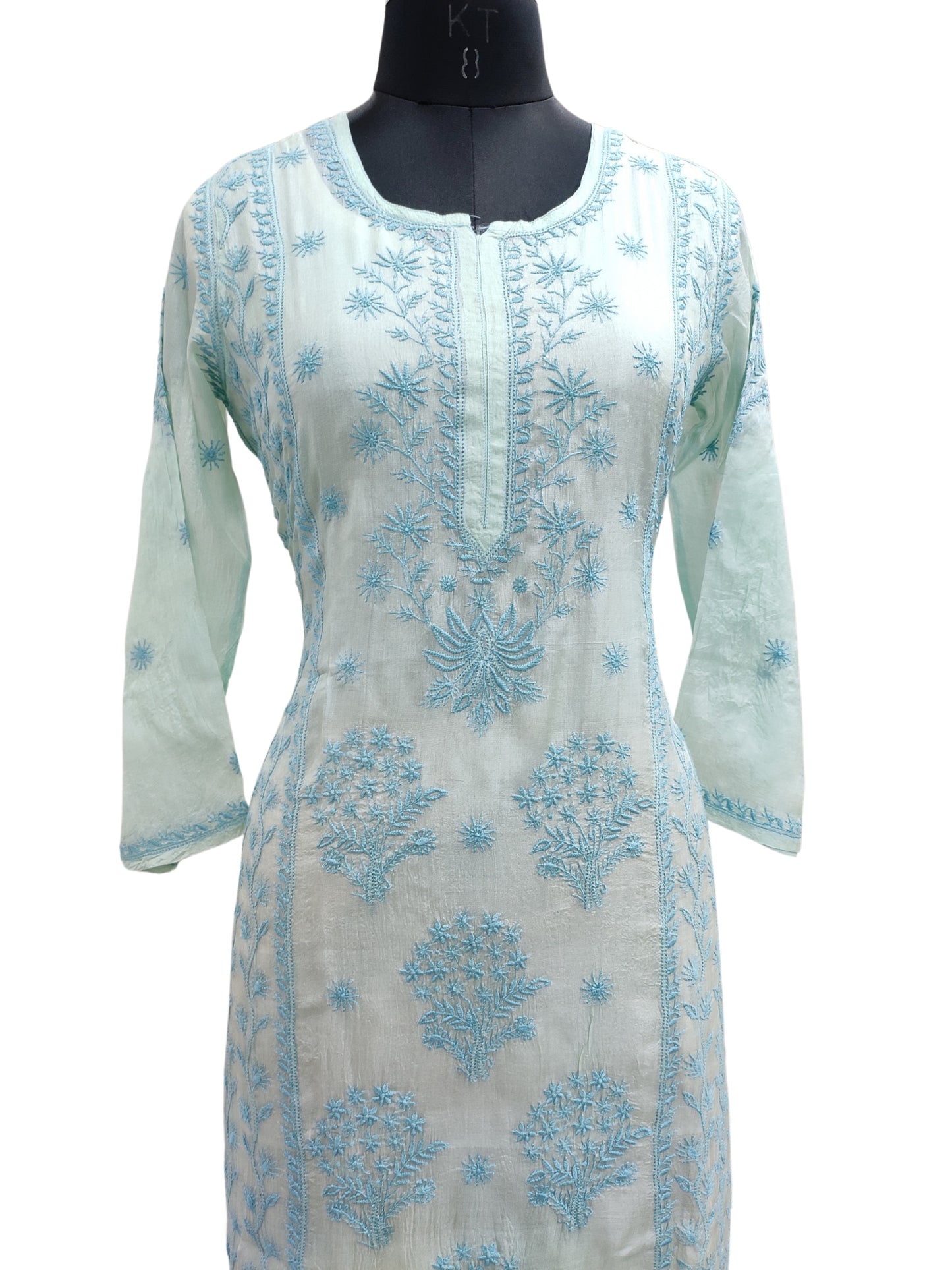 Shyamal Chikan Hand Embroidered Blue Pure Tusser Silk Lucknowi Chikankari Kurti- S27017
