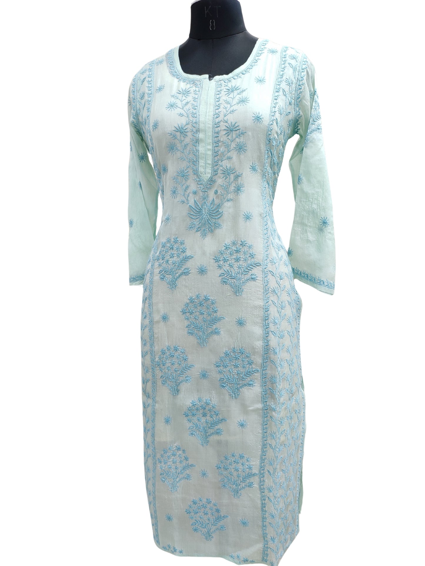 Shyamal Chikan Hand Embroidered Blue Pure Tusser Silk Lucknowi Chikankari Kurti- S27017