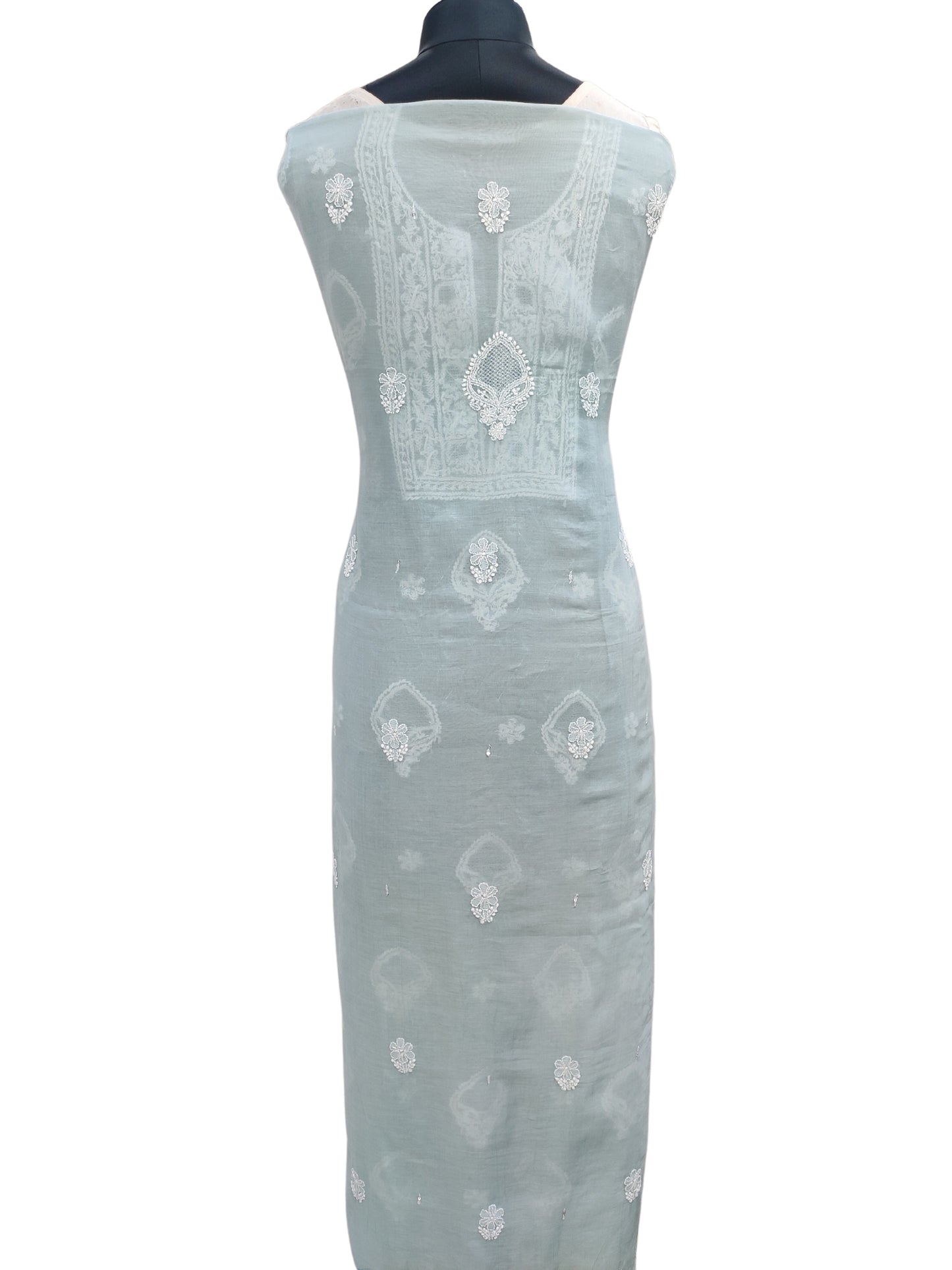 Shyamal Chikan Hand Embroidered Sea green Mul Chanderi Lucknowi Chikankari Unstitched Suit Piece with Pearl & Sequin Work (Kurta Dupatta Set)S20713