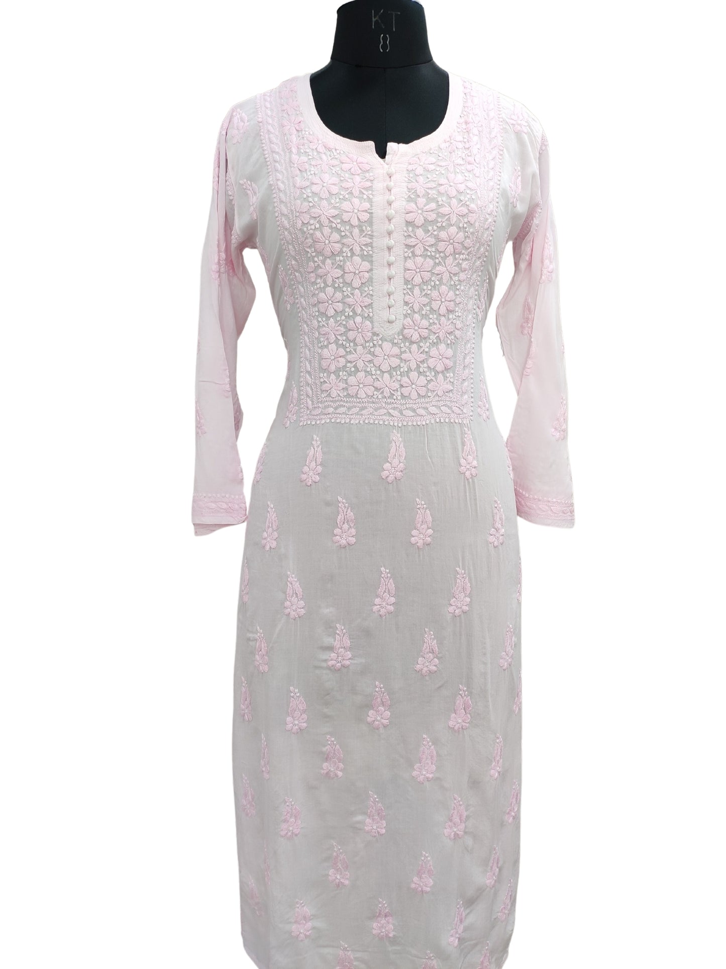 Shyamal Chikan Hand Embroidered Pink Modal Cotton Lucknowi Chikankari Kurti - S20433