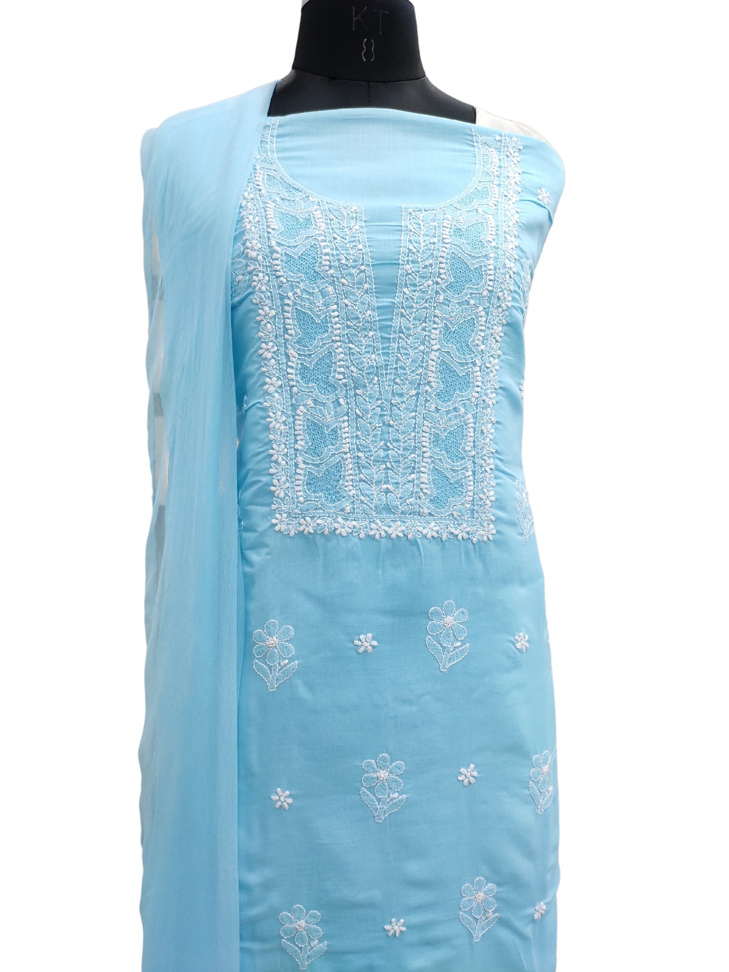 Shyamal Chikan Hand Embroidered Blue Cotton Lucknowi Chikankari Unstitched Suit Piece - S26696