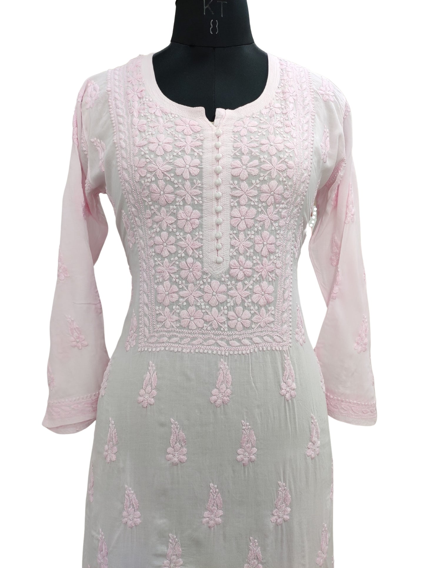 Shyamal Chikan Hand Embroidered Pink Modal Lucknowi Chikankari Kurti - S20433