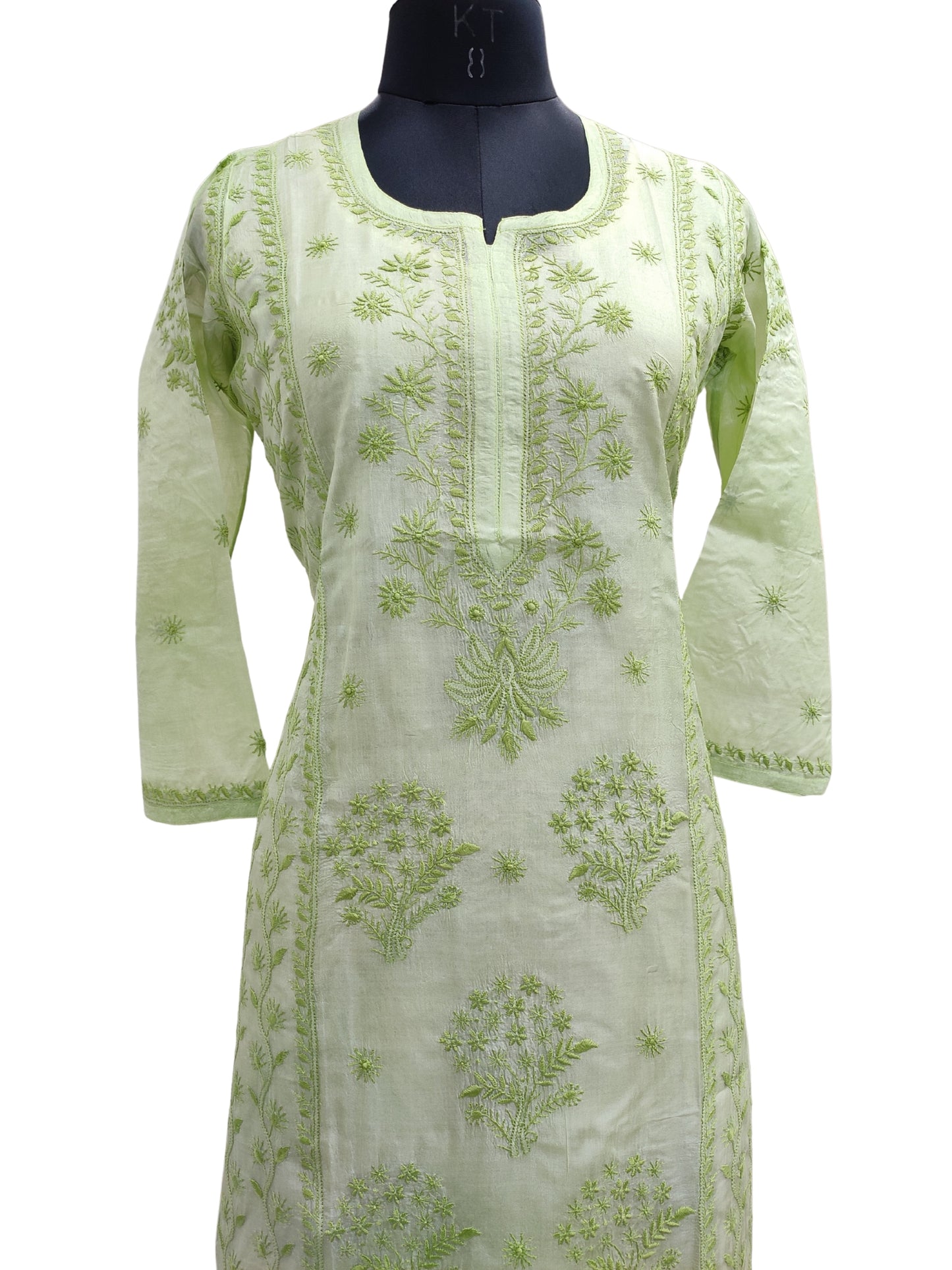 Shyamal Chikan Hand Embroidered Green Pure Tusser Silk Lucknowi Chikankari Kurti- S27018