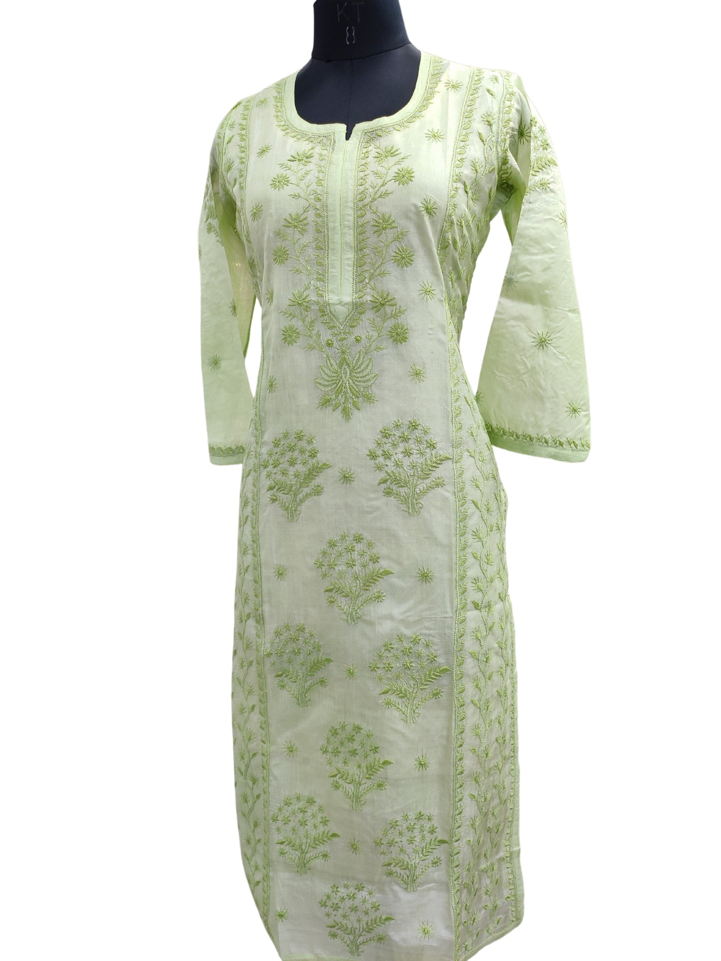 Shyamal Chikan Hand Embroidered Green Pure Tusser Silk Lucknowi Chikankari Kurti- S27018
