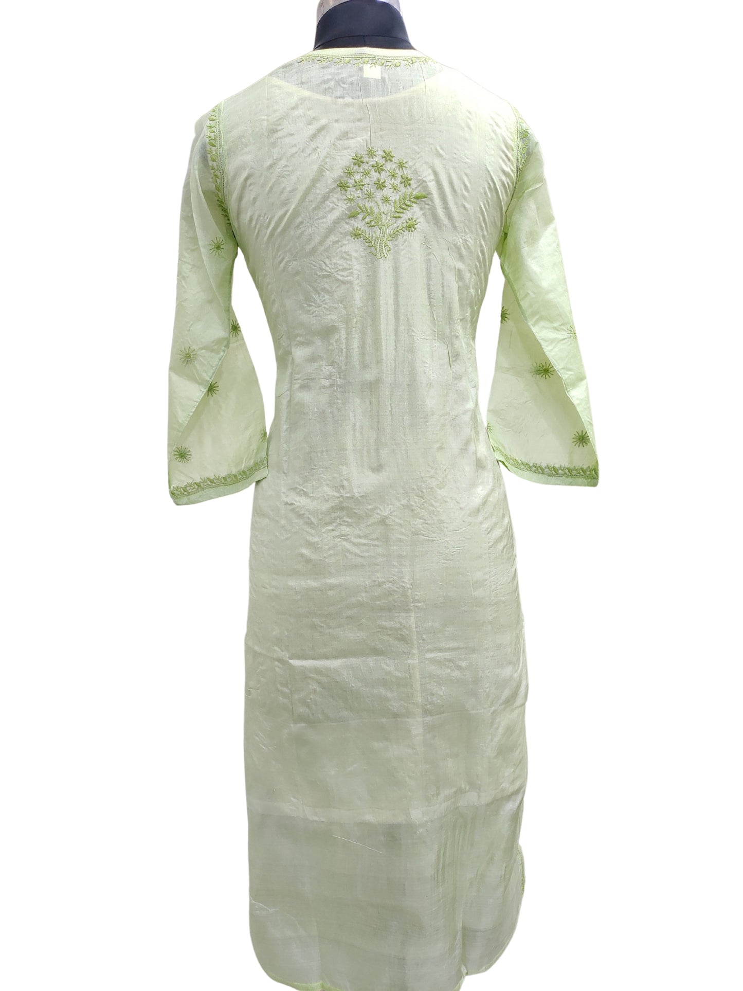 Shyamal Chikan Hand Embroidered Green Pure Tusser Silk Lucknowi Chikankari Kurti- S27018