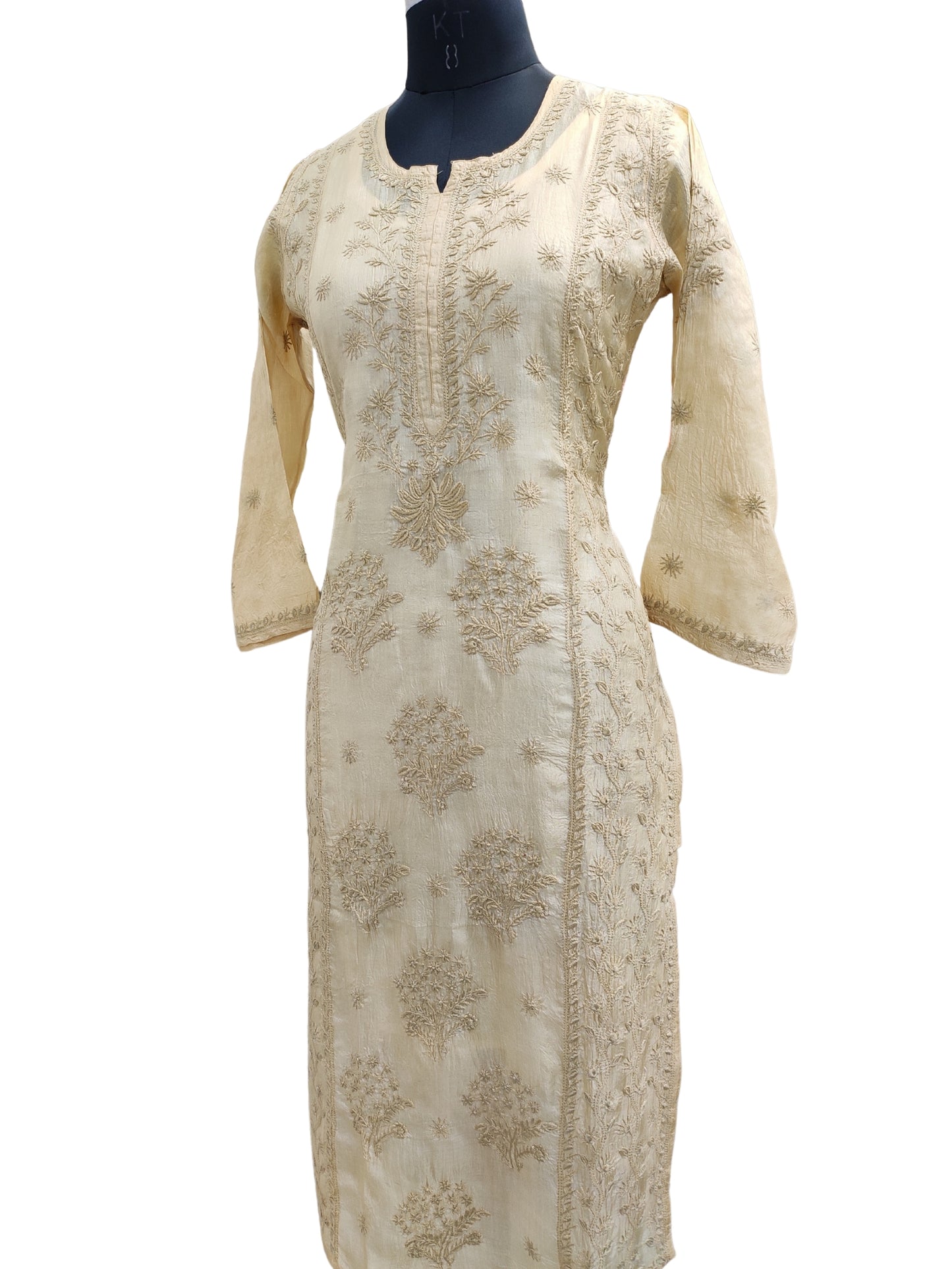 Shyamal Chikan Hand Embroidered Beige Pure Tusser Silk Lucknowi Chikankari Kurti- S27019